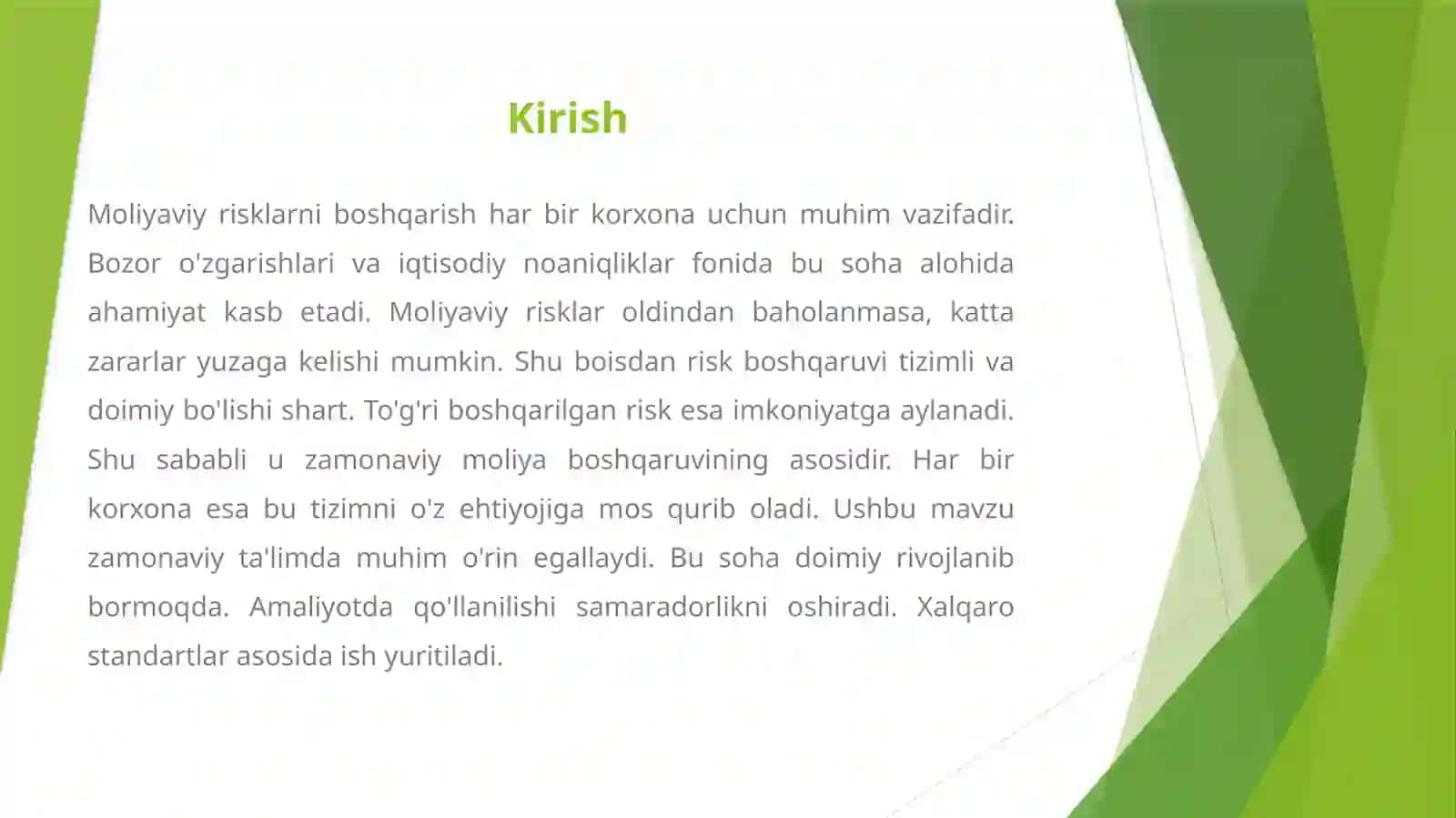 MOLIYAVIY RISKLARNI BOSHQARISH ASOSLARI 2