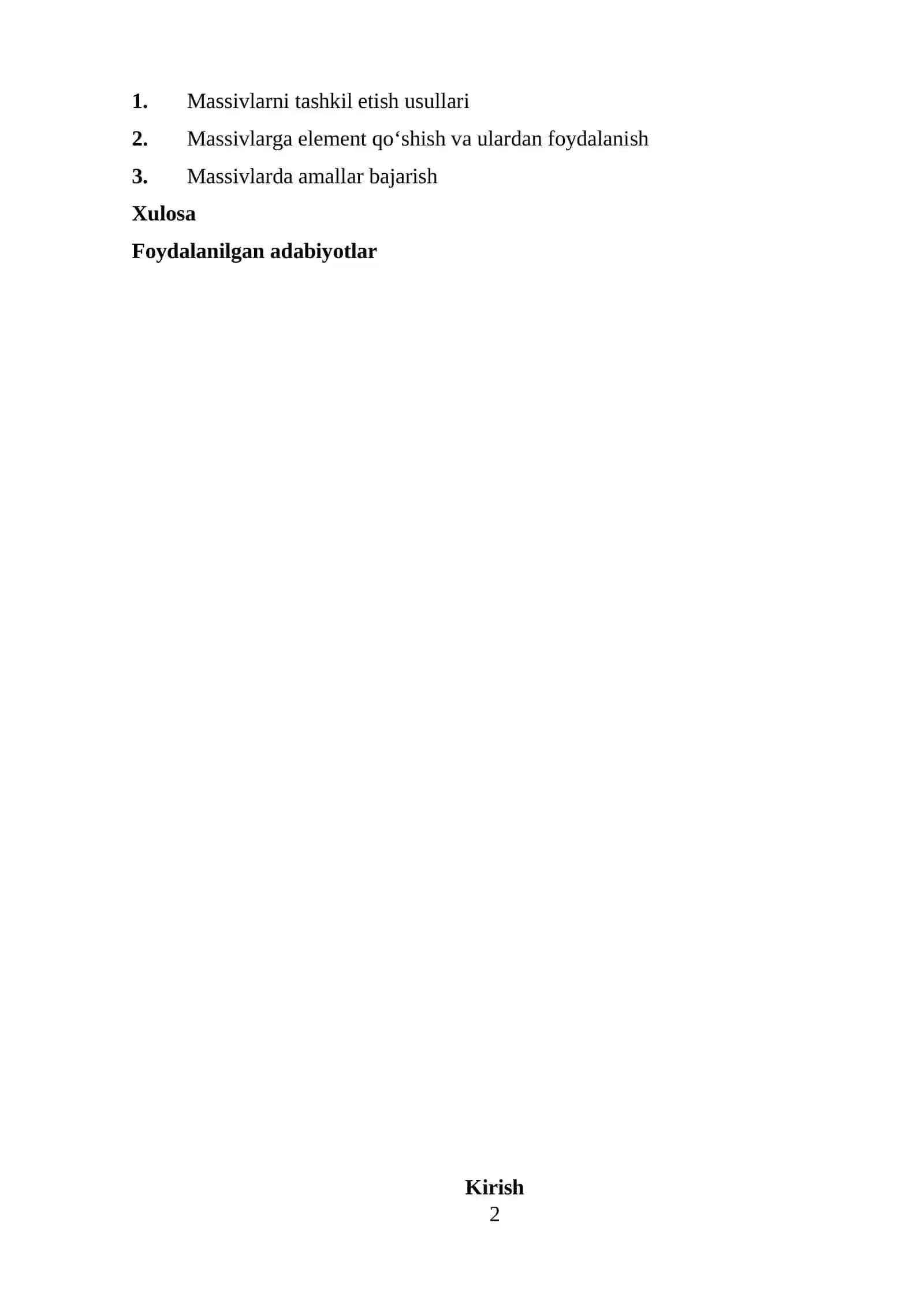REFERATI " Massivlarni tashkil etish " 2