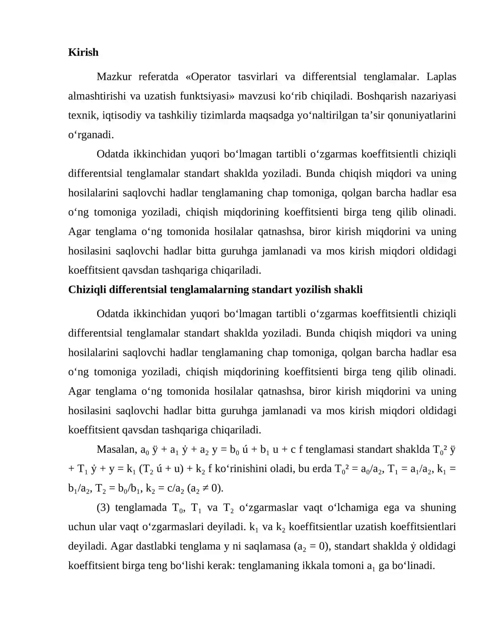 Operator tasvirlari va differentsial tenglamalar. Laplas almashtirishi va uzatish funktsiyasi 2