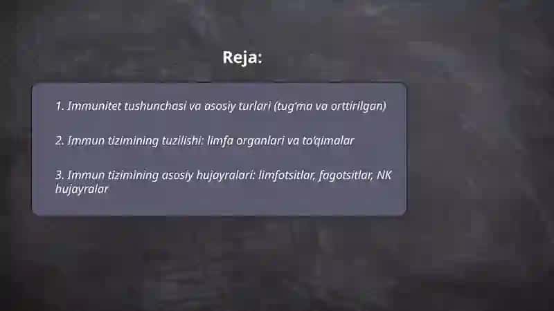 Immunitet. Immun tizimining tuzilishi vafunksiyalari. Tug‘ma immunitet mexanizmlari(komplement, fagositlar va boshq.). Antigen namoyish qiluvchi hujayralar 2