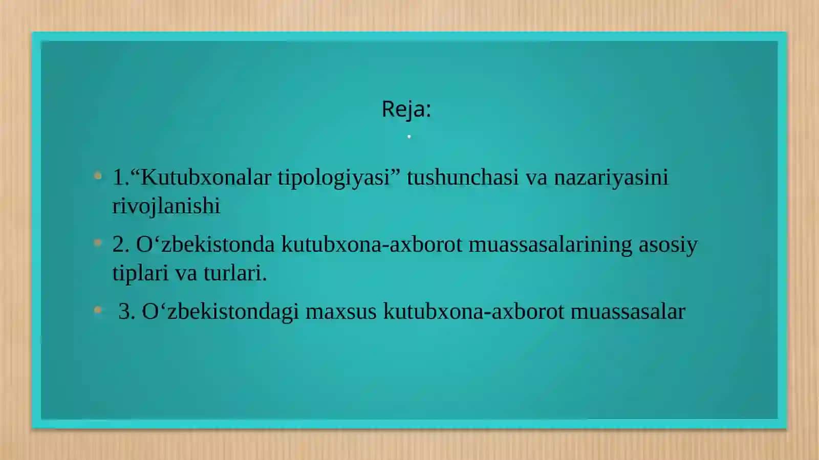 Axborot kutubxona tizimi hamda axborot kutubxona muassasalarining turlari bilan tanishtirish. 2