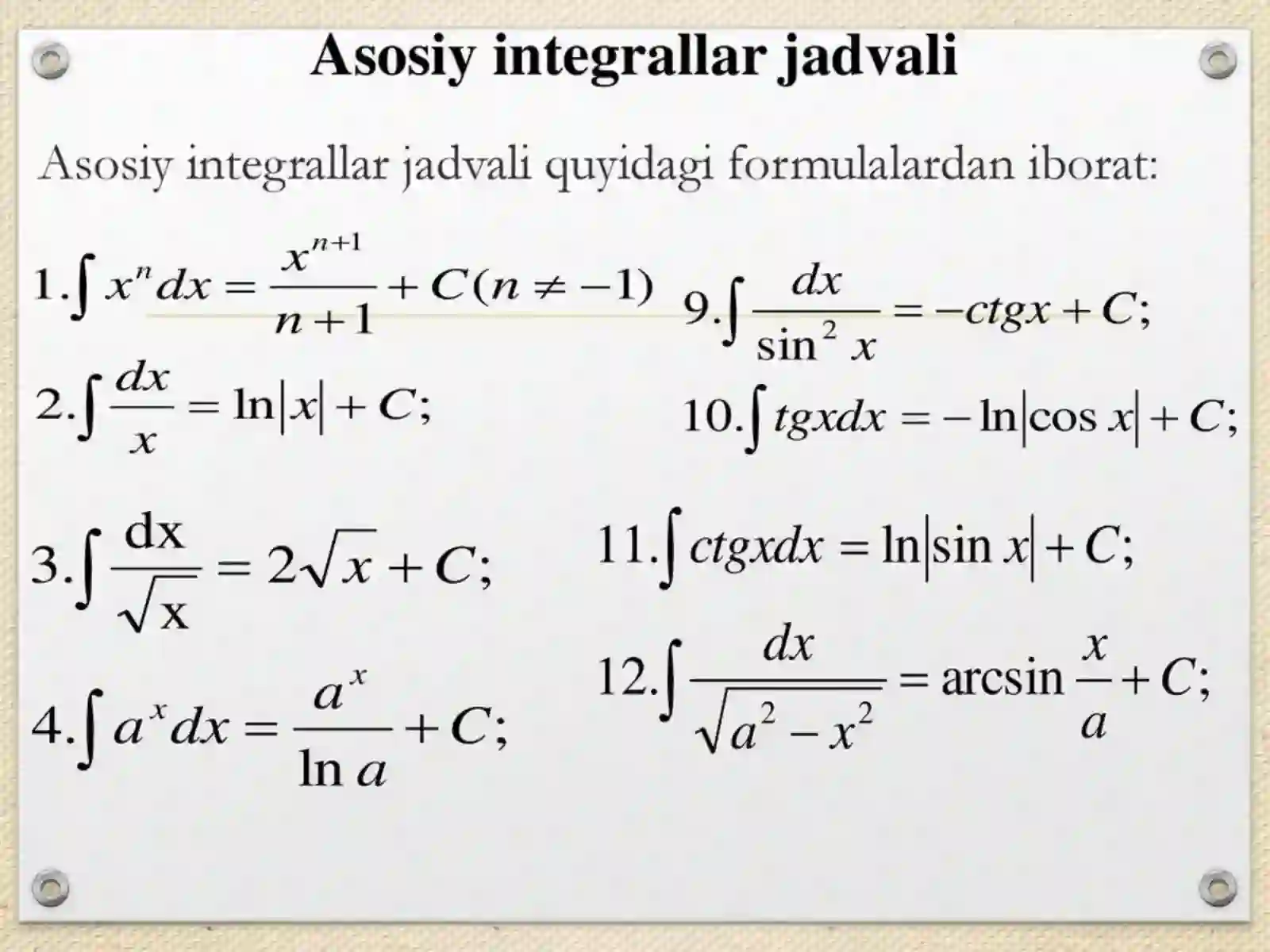 Integrallari jadvali. Aniq integral. Nyuton-Lyubnits formulasi 2