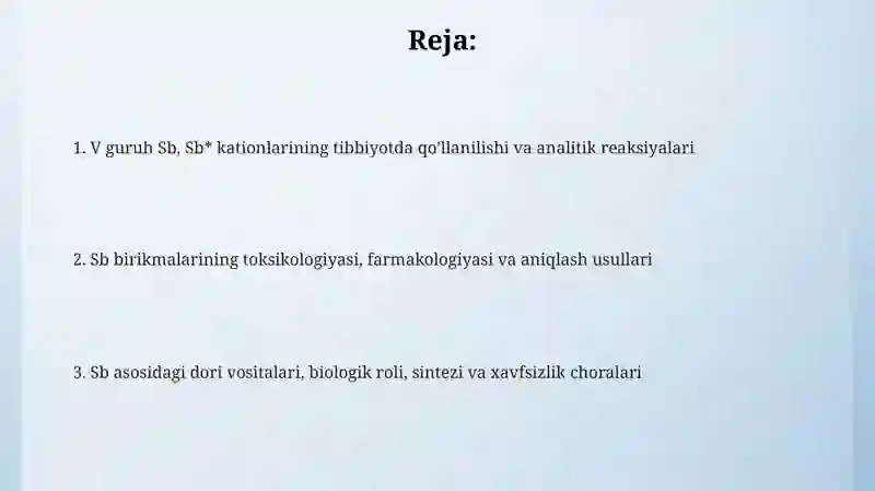 V guruh Sb, Sb* kationlarining tibbiyotda qo'llanilishi va analitik reaksiyalari 2