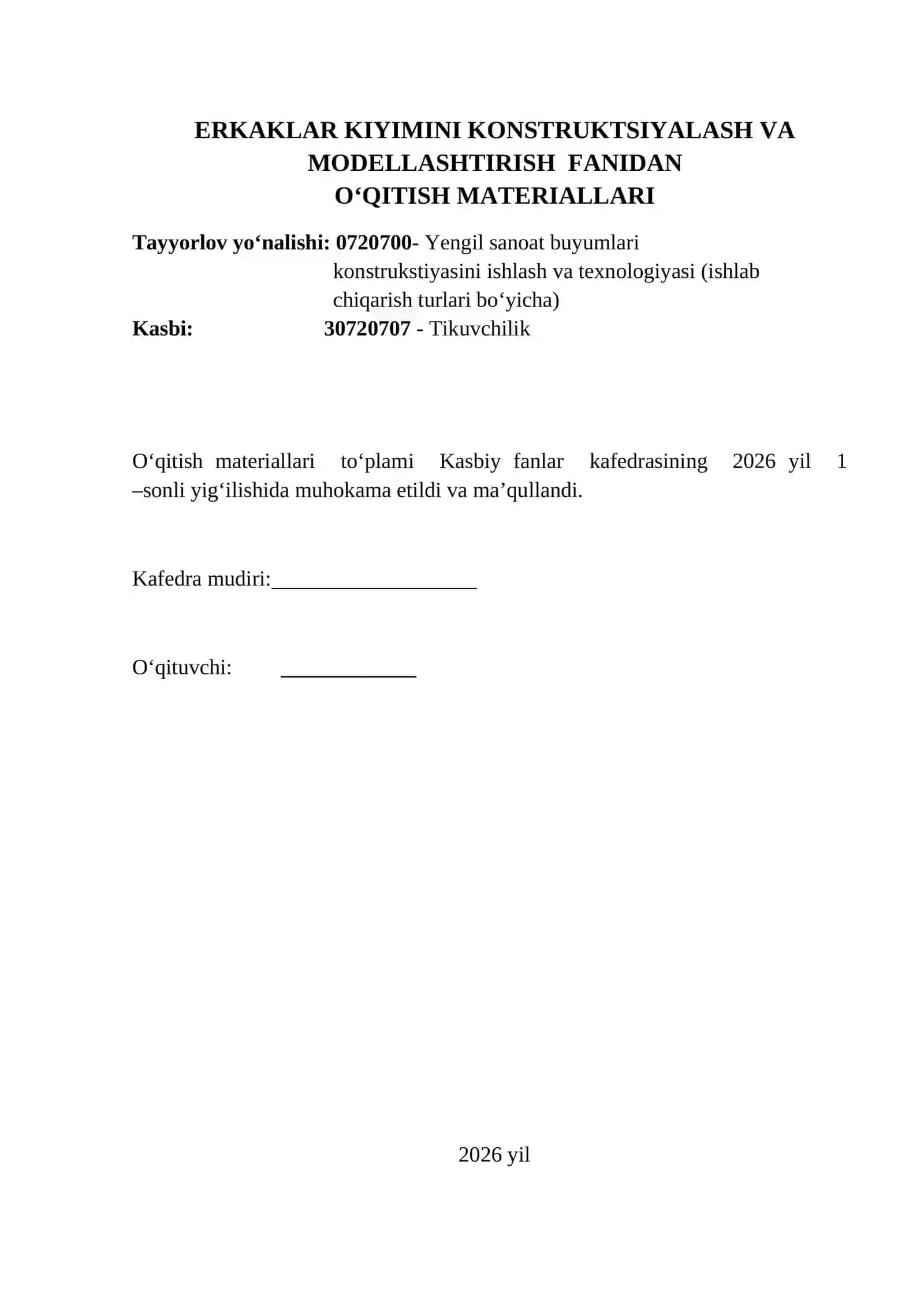 Erkaklar kiyimini konstruktsiyalash va modellashtirish. 2