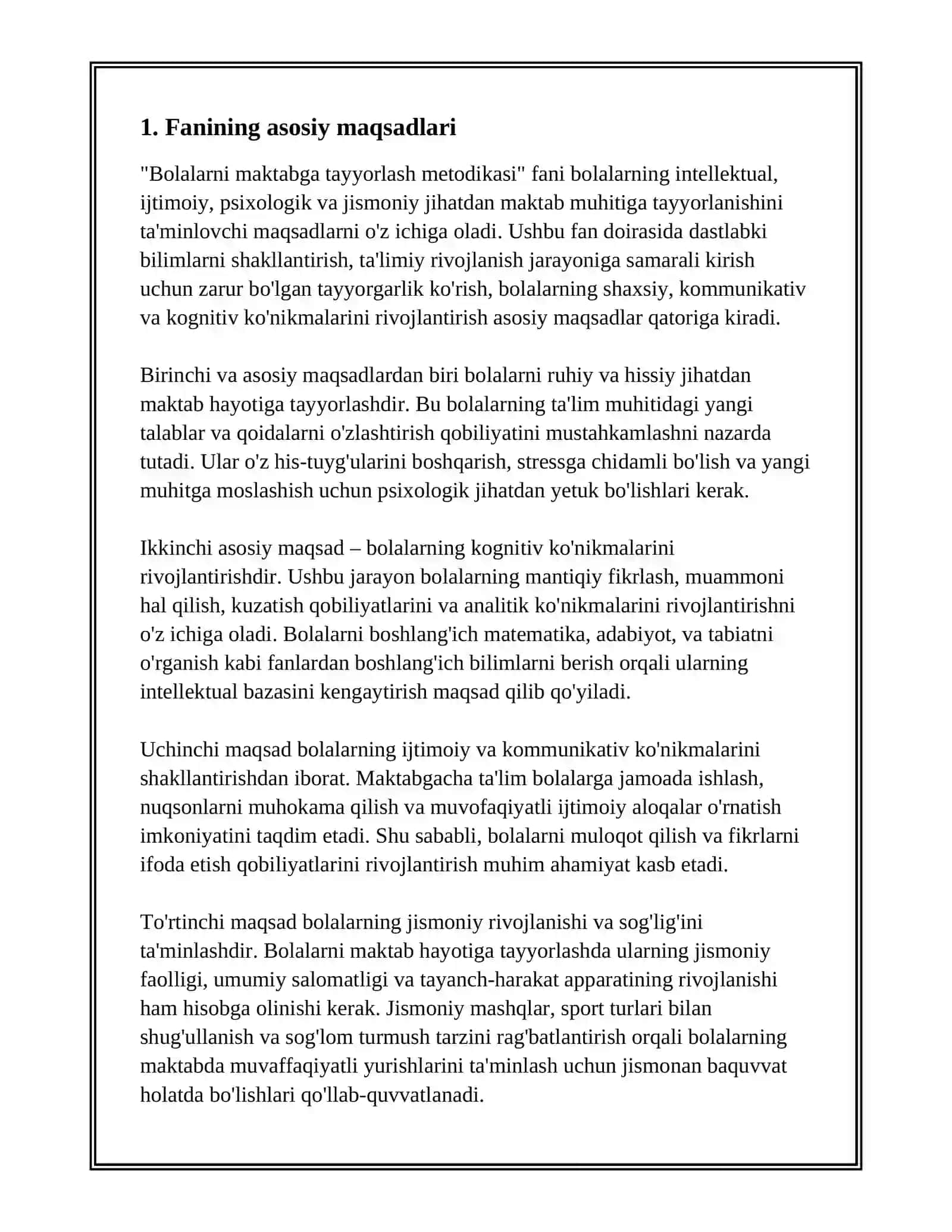 BOLALARNI MAKTABGA TAYYORLASH METODIKASI" FANINING MAQSAT VA VAZIFALARI 2