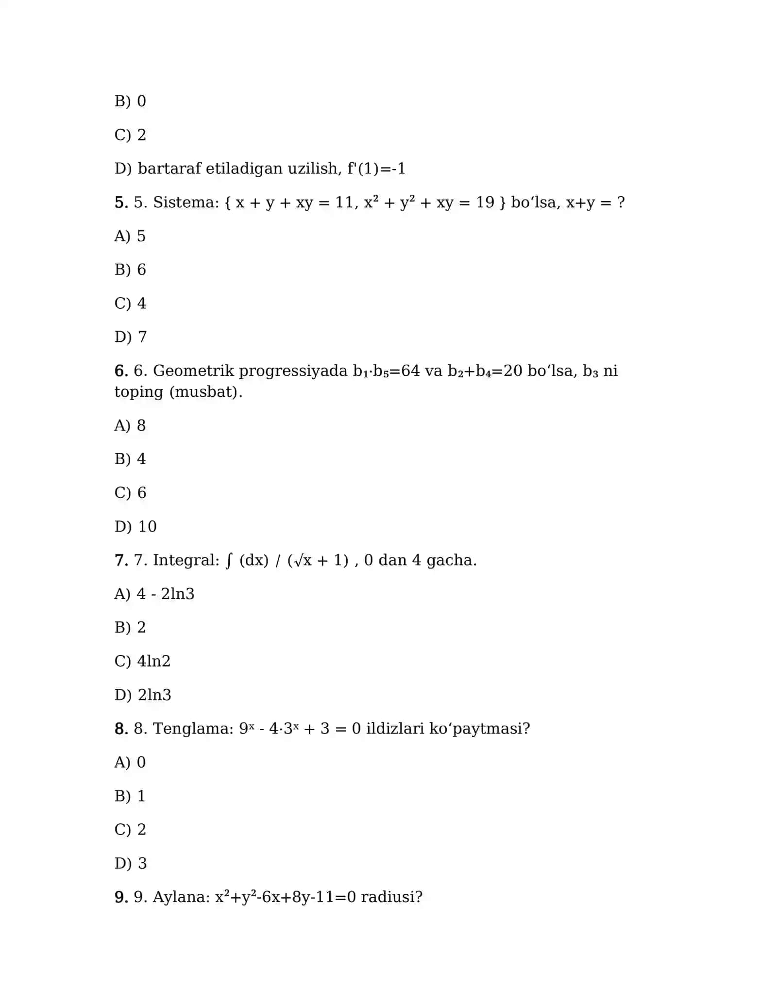 DTM 2026 •MATEMATIKA (Asosiy fan - 30 ta savol) 2