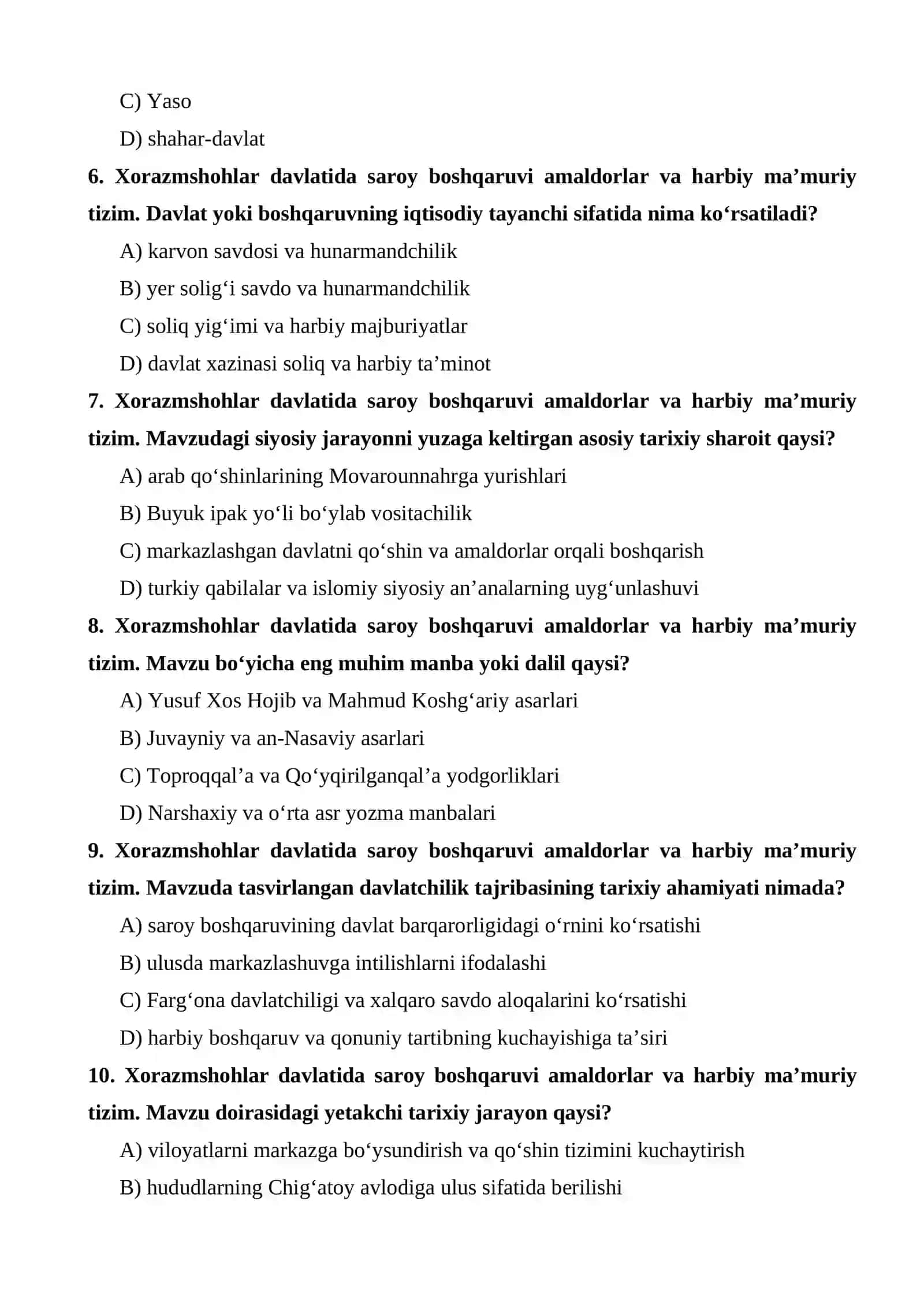 Xorazmshohlar davlatida saroy boshqaruvi amaldorlar va harbiy ma’muriy tizim test 2