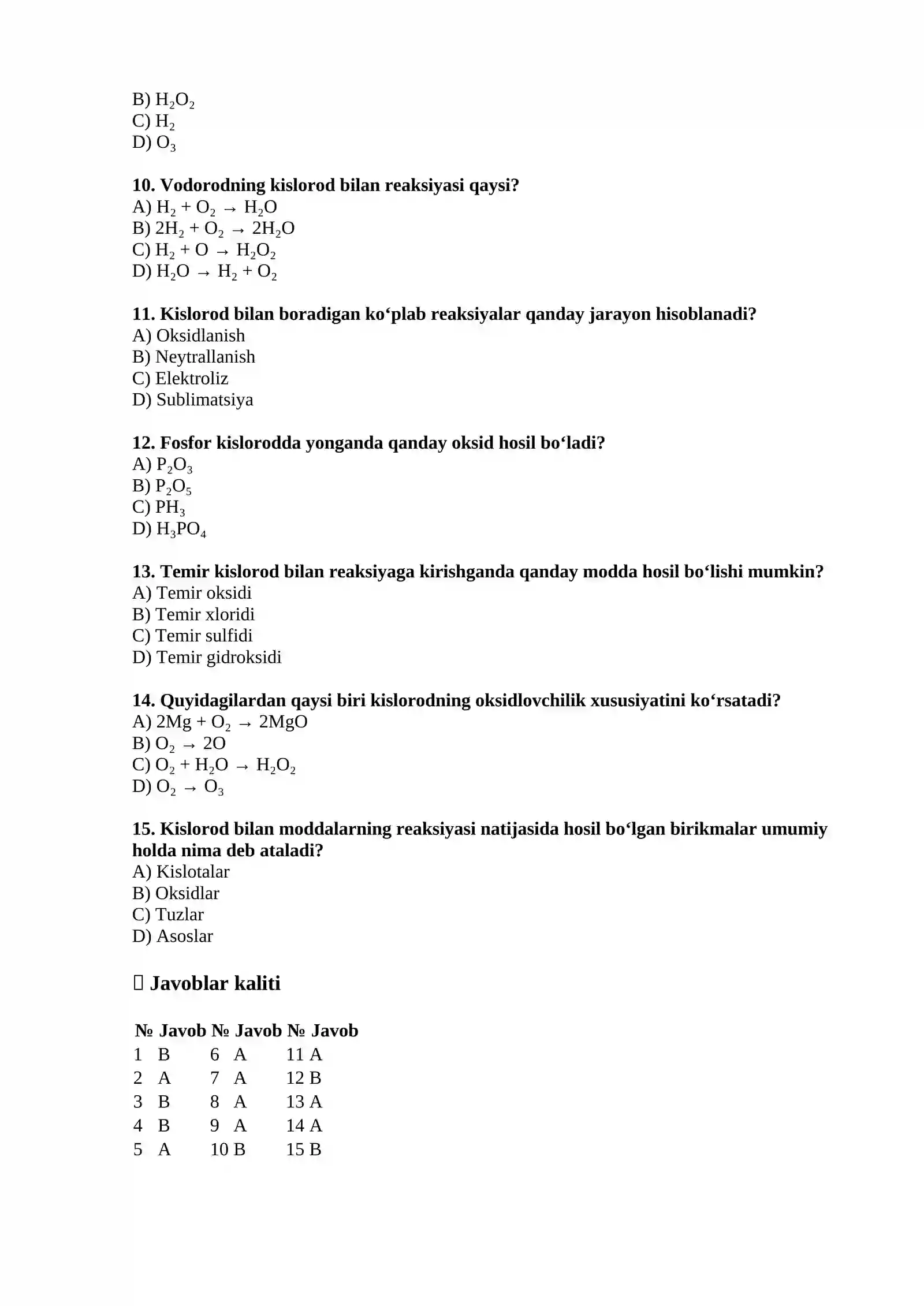 Kimyo fanidan 15 ta test savol-javoblar 2