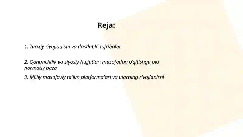 O’zbekiston Respublikasida masofadan oqitishning rivojlanishi va sohada olib borilayotgan kompleks ilojlar 2