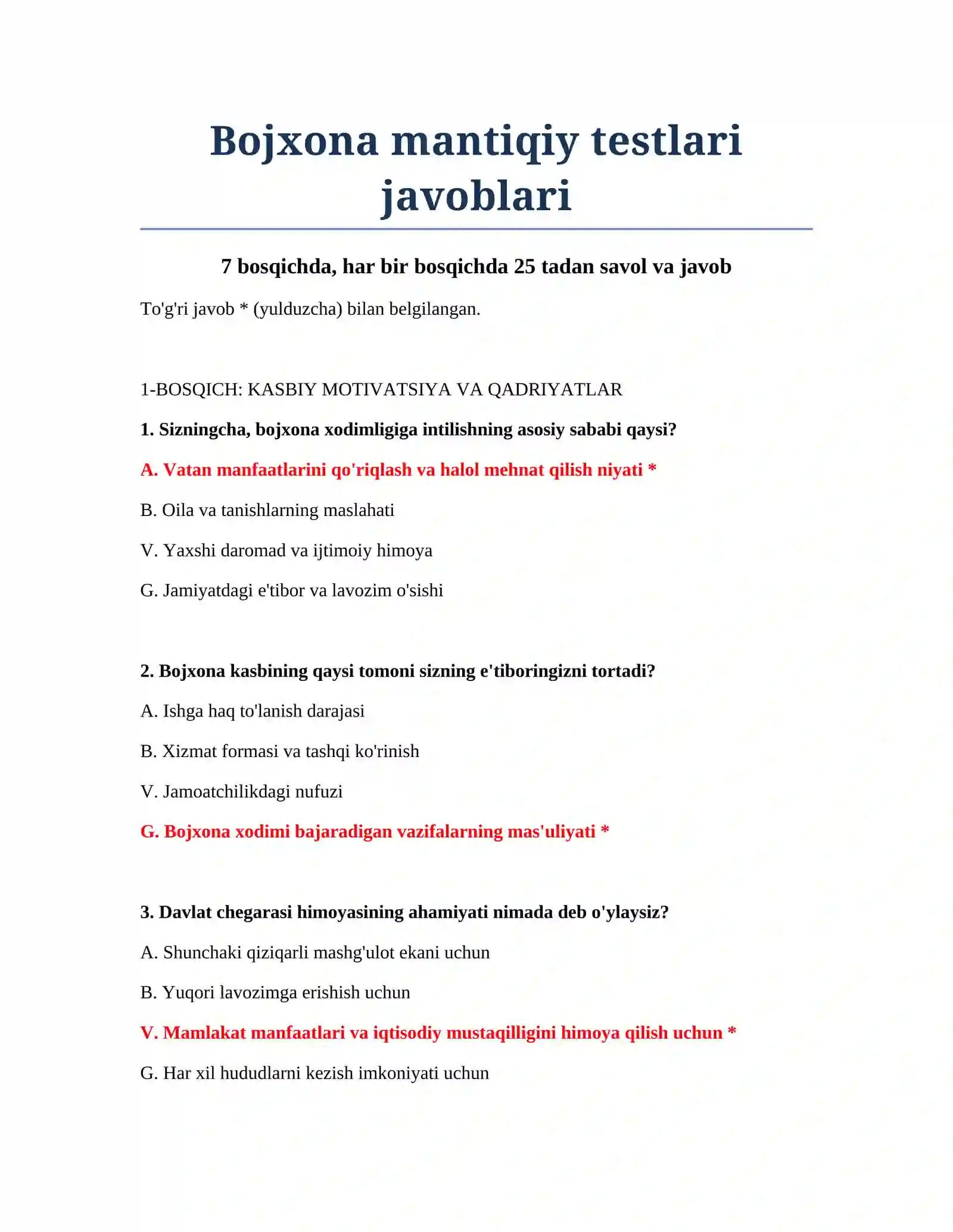 Bojxona mantiqiy testlari javoblari 2
