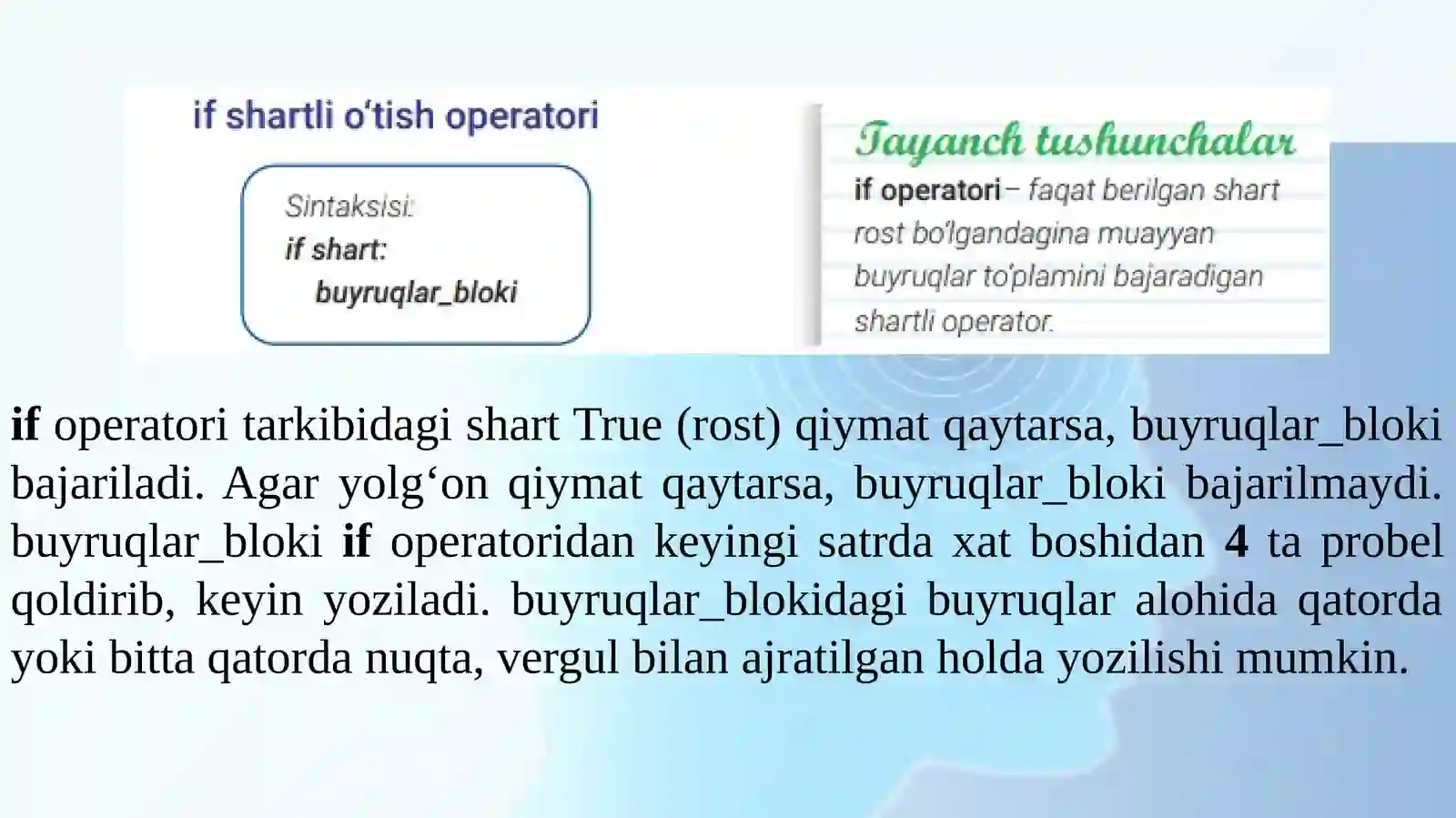 TARMOQLANUVCHIALGORITMLARNI DASTURLASH. IF…ELSE OPERATOR 2
