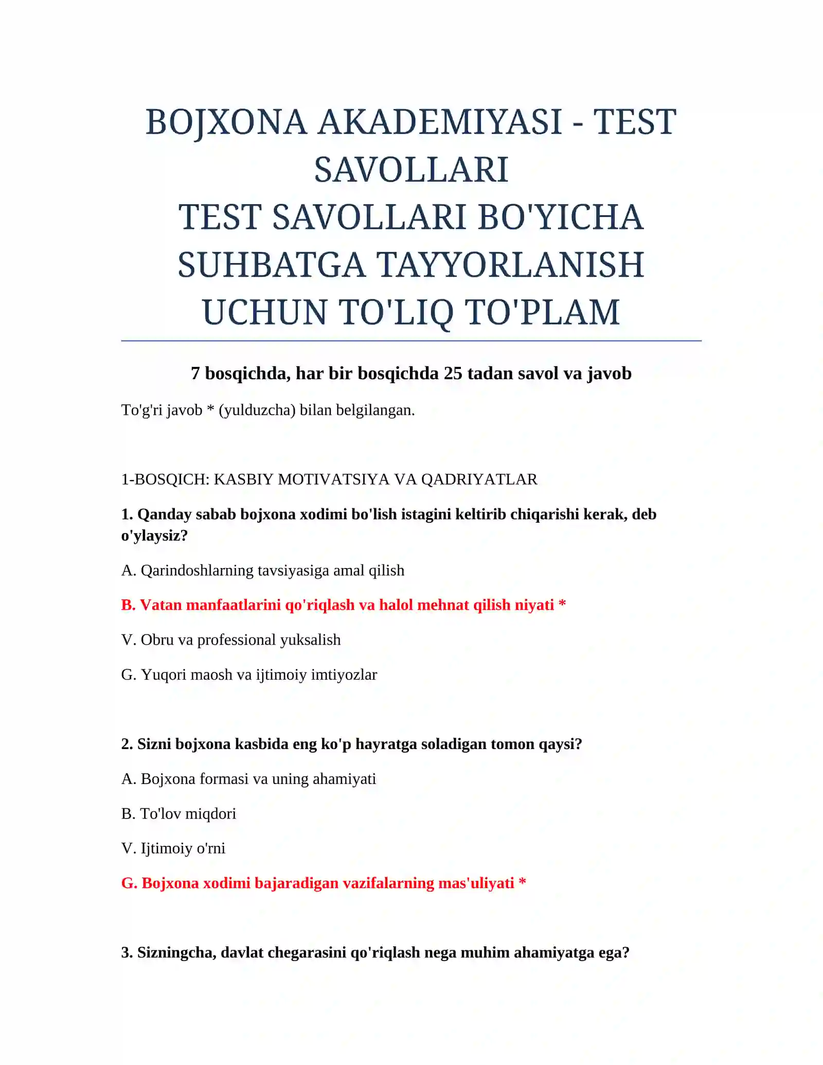 BOJXONA AKADEMIYASI - TEST SAVOLLARI 2