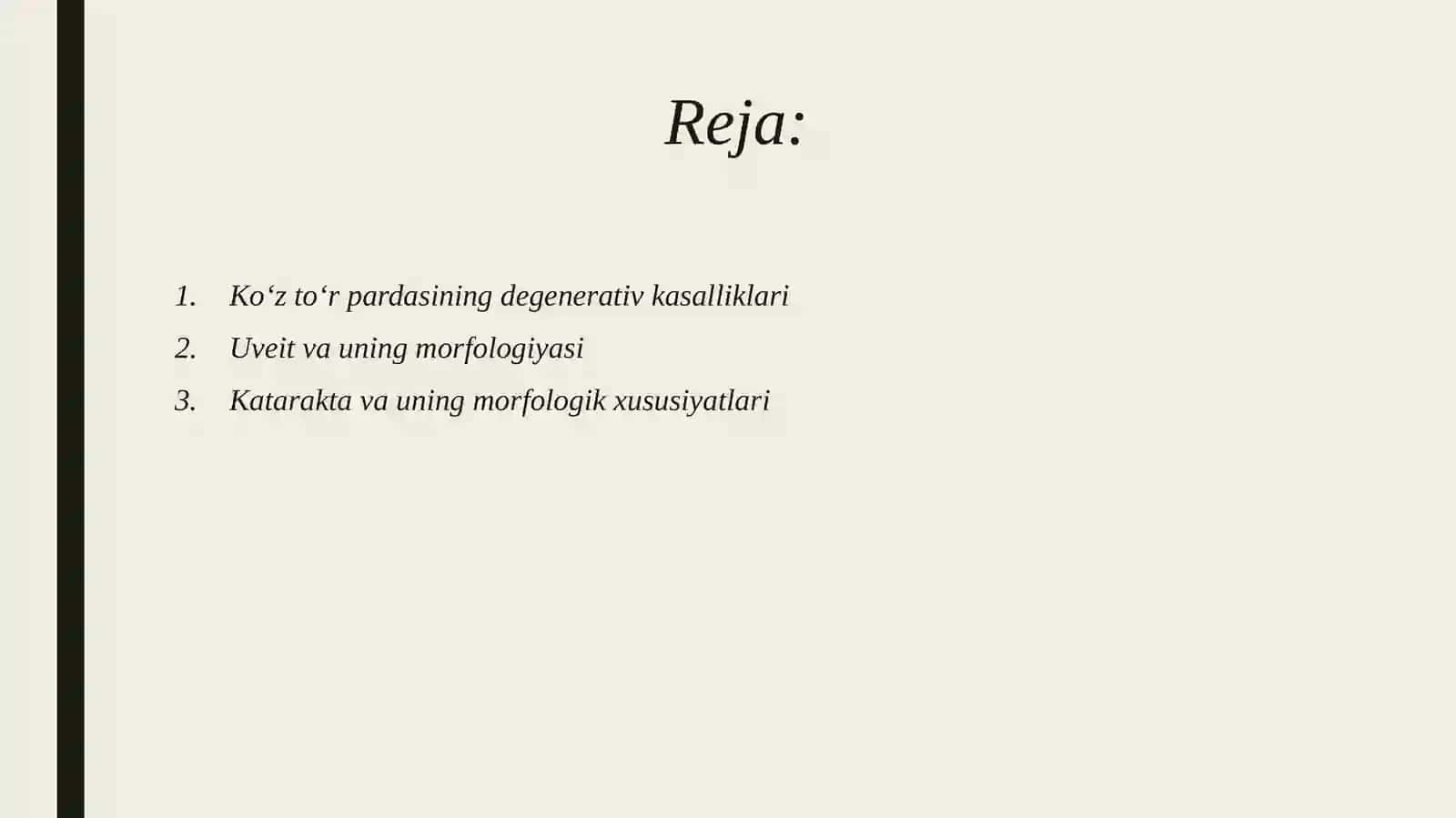 Ko‘z to‘r pardasi degenerativ kasalliklari. Uveit. Katarakta. Retinopatiyalar. To‘r parda o‘smalarini morfologiyasini o'rganish. 2