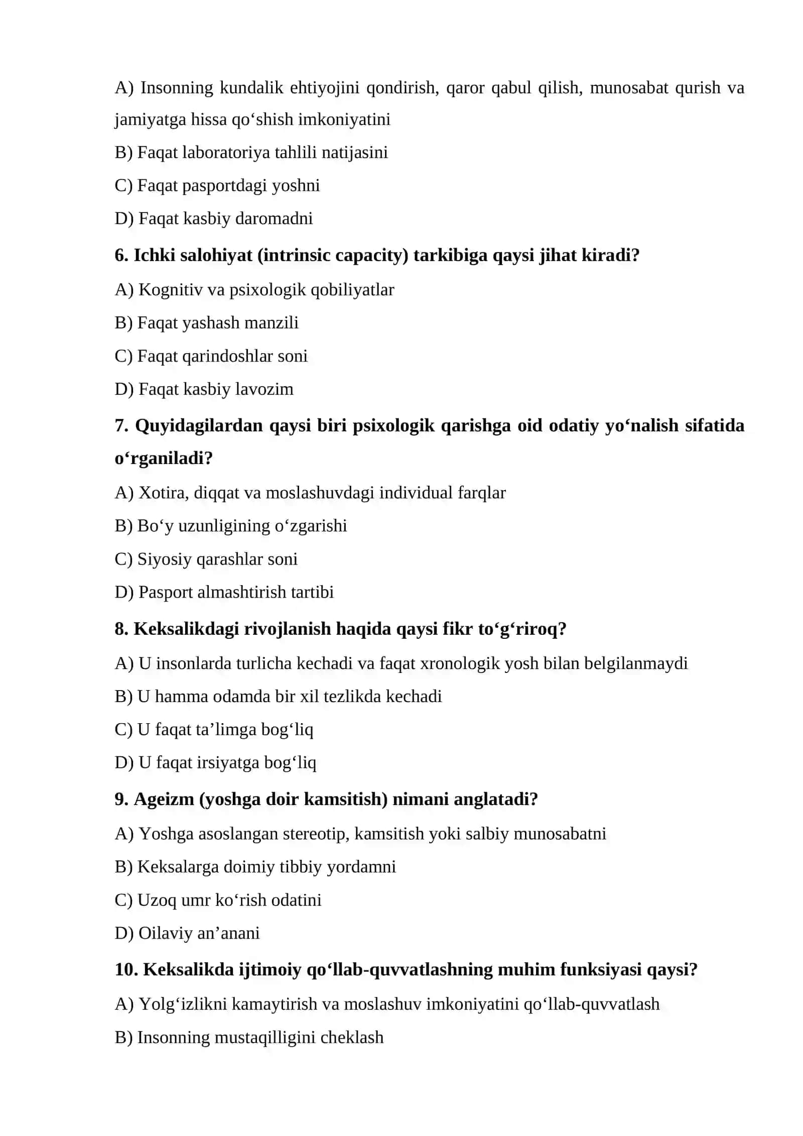 Qarish va uzoq umr ko‘rish psixologiyasi. Gerontologiyaning asosiy tushunchalari TEST.docx 2