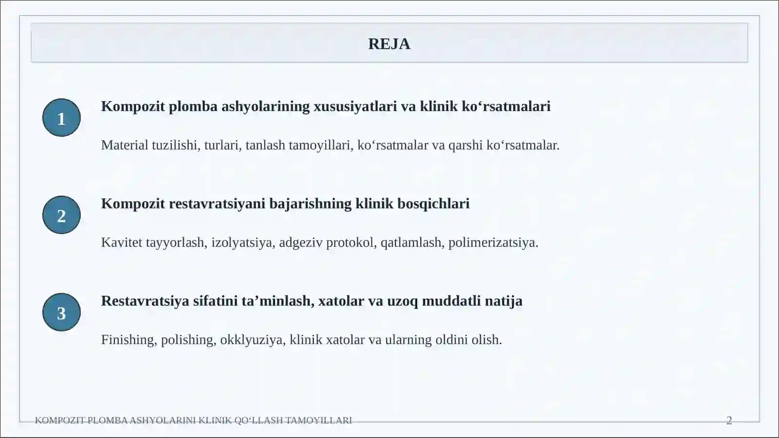TISHLAR RESTAVRATSIYASIDA KOMPOZIT PLOMBA ASHYOLARINI KLINIK QO‘LLASH TAMOYILLARI 2