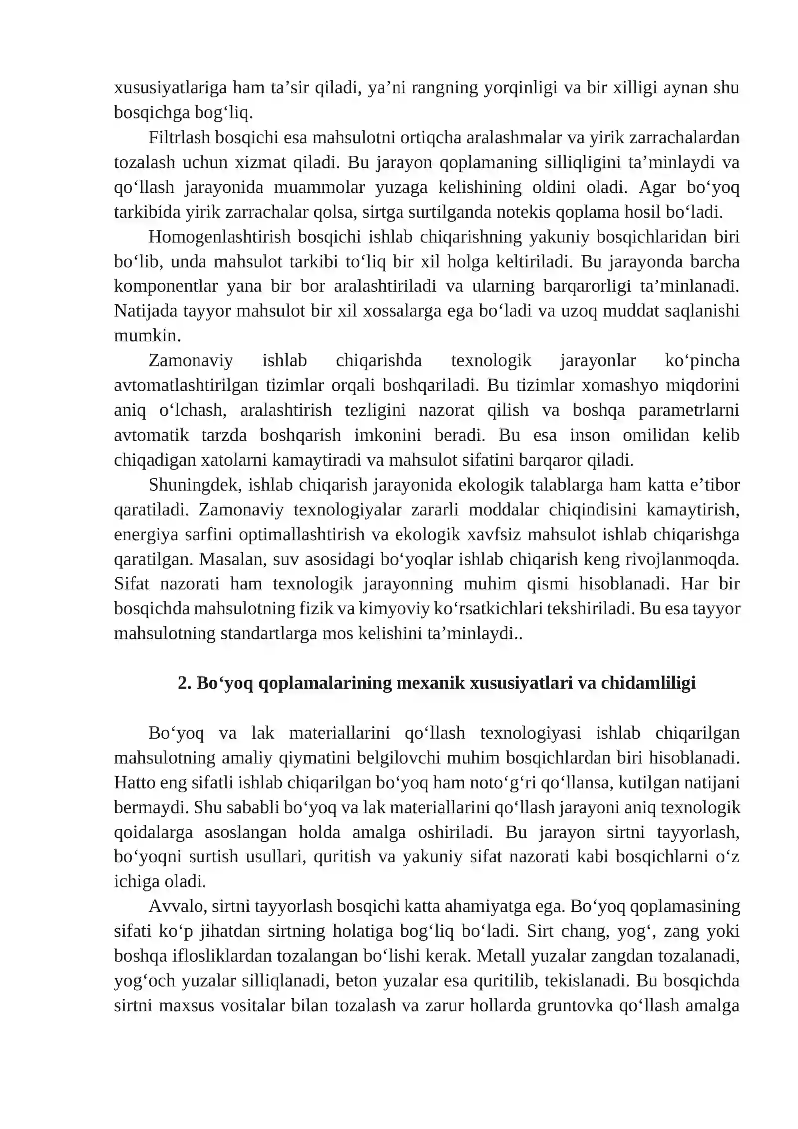 MA'RUZA: BO'YOQ VA LAK MATERIALLARI TEXNOLOGIYASI 2