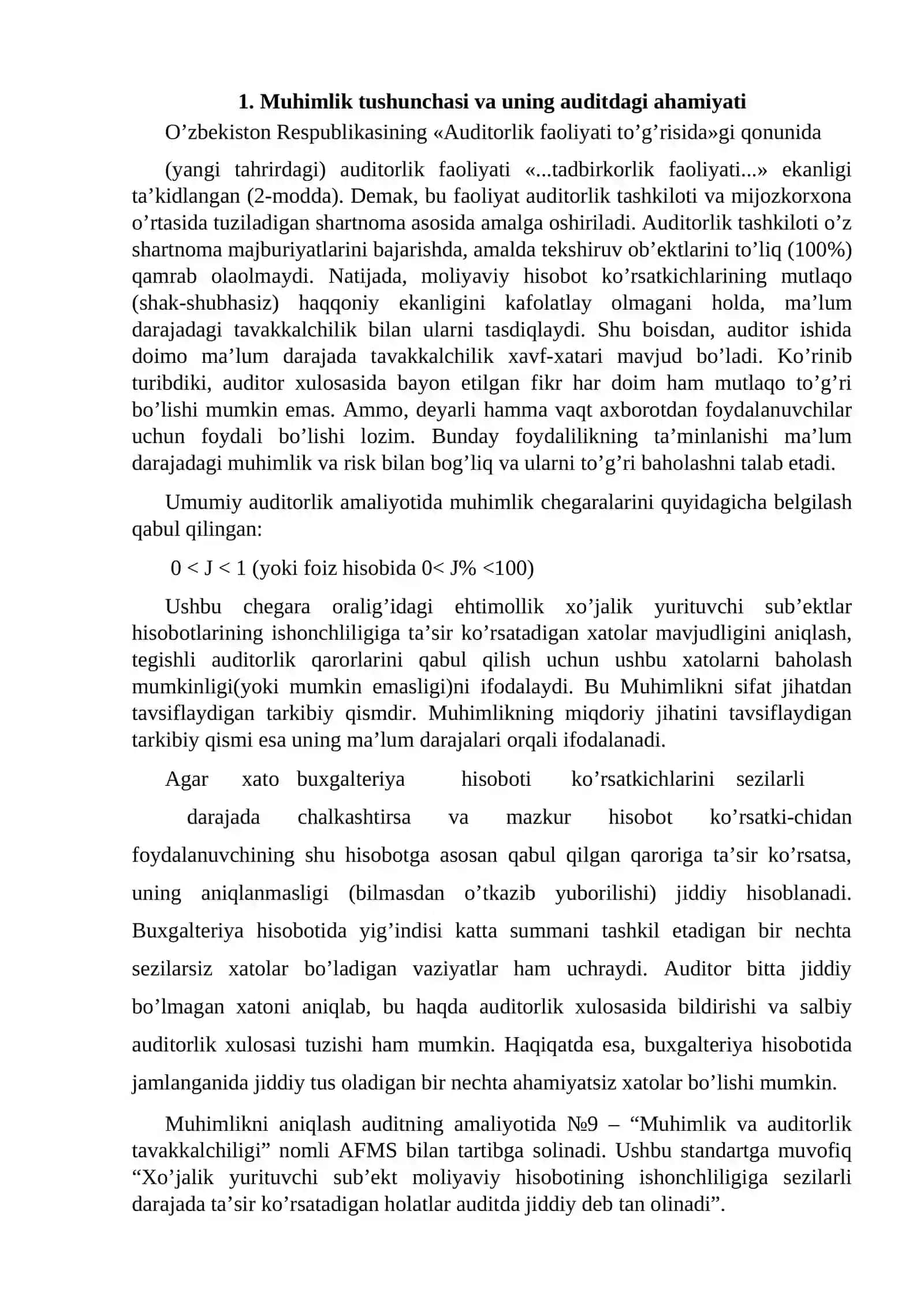 Auditda muhimlik tushunchasi va auditorlik tavakkalchiligi 2