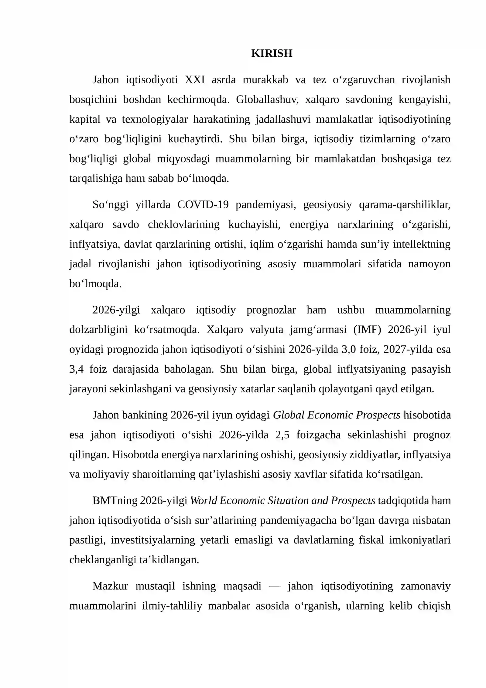 JAHON IQTISODIYOTINING ZAMONAVIY MUAMMOLARI VA ULARNI HAL ETISH YO‘LLARI BO‘YICHA ILMIY MAQOLALARNI TAHLIL QILISH 2