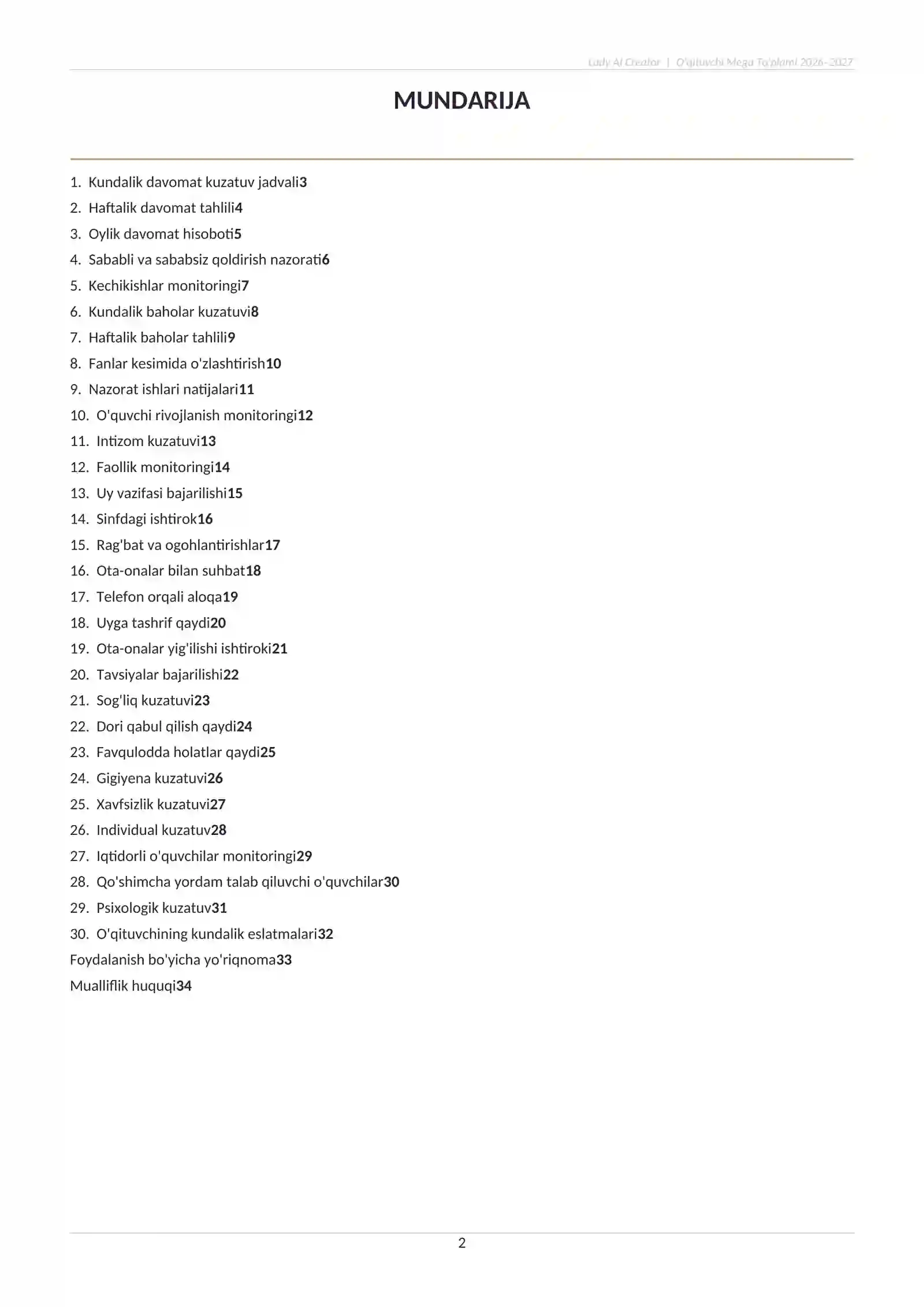O‘QITUVCHI MEGA TO‘PLAMI 2026–2027 | 30 ta Kundalik Kuzatuv Jadvali | Word (.docx) | Sinf Rahbari uc 2