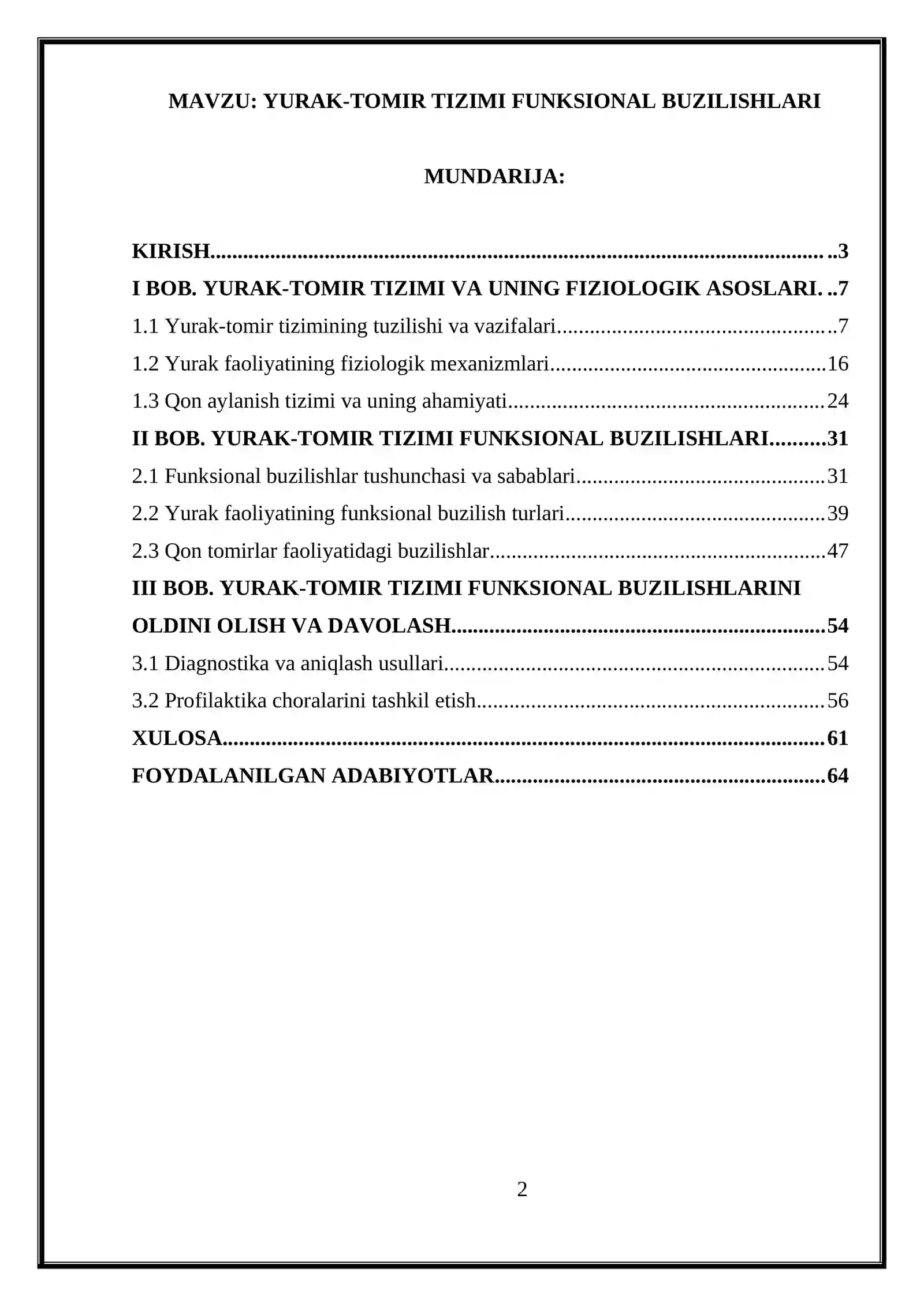 YURAK TOMIR TIZIMI FUNKSIONAL BUZILISHLARI . KURS ISHI 2