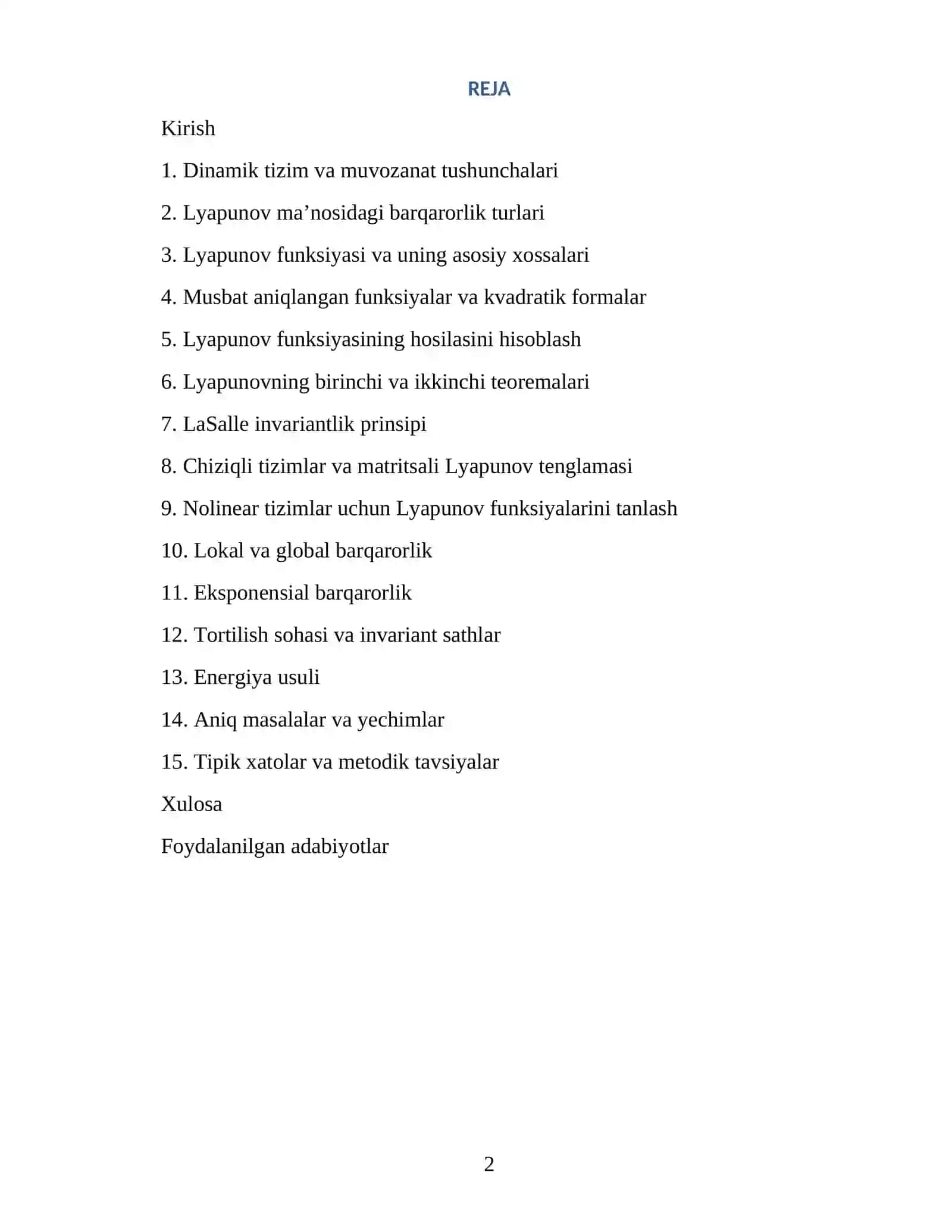 LYAPUNOV FUNKSIYASINING XOSSALARIGA TEGISHLI ANIQ MASALALAR 2