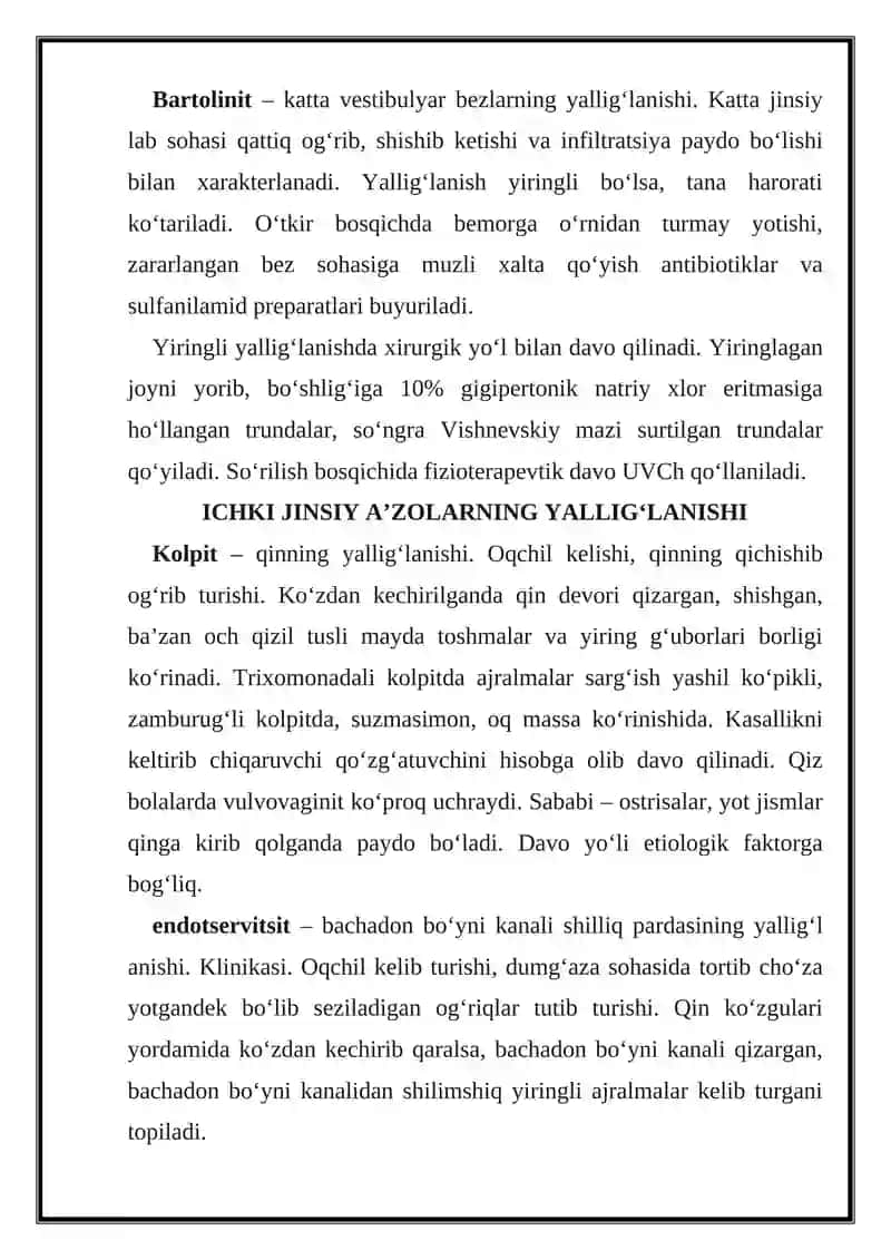 Ayollar jinsiy a'zolari spesifik va nospesifik kasalliklari 2