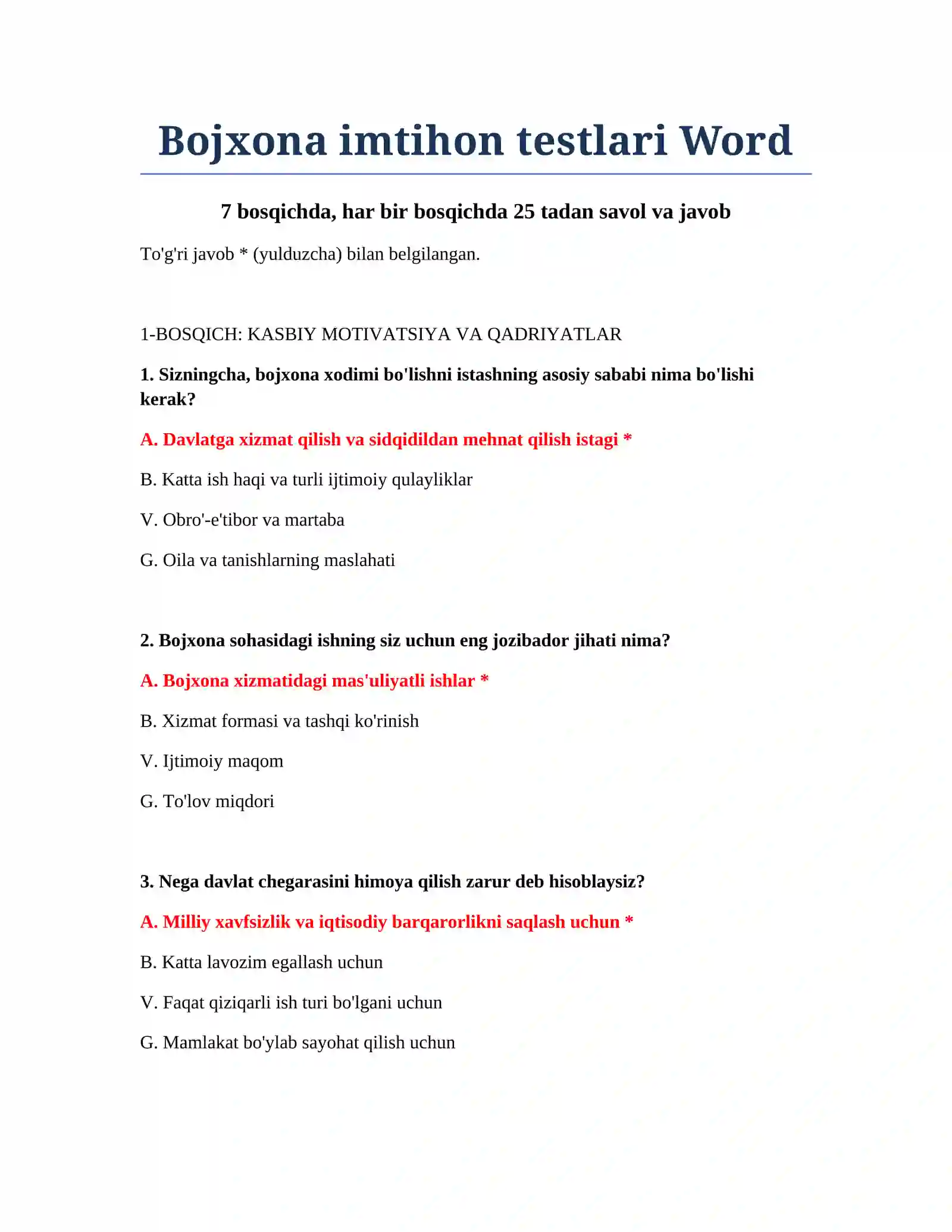 Bojxona imtihon testlari Word 2