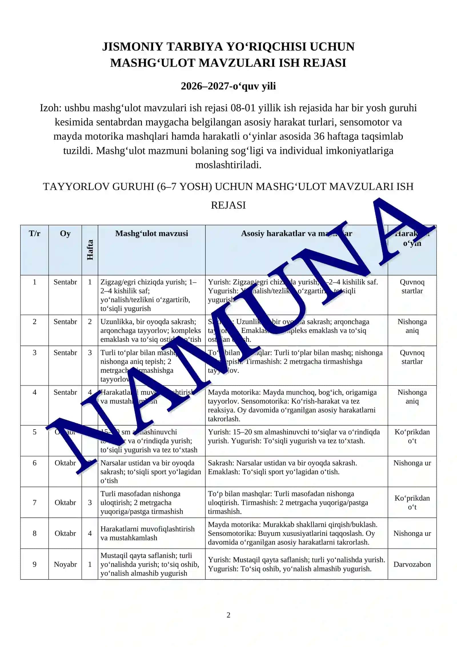 Mashg‘ulot Mavzulari Ish Rejasi 2026–2027 2