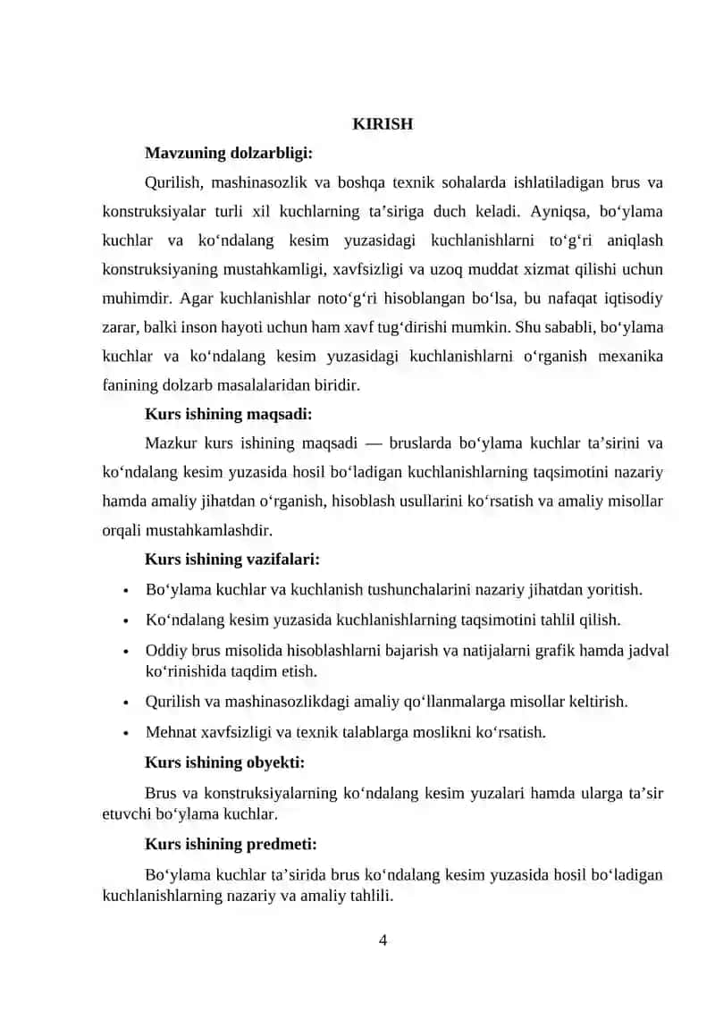 Bo‘ylama kuchlar va brus ko‘ndalang kesim yuzasidagi kuchlanish 2