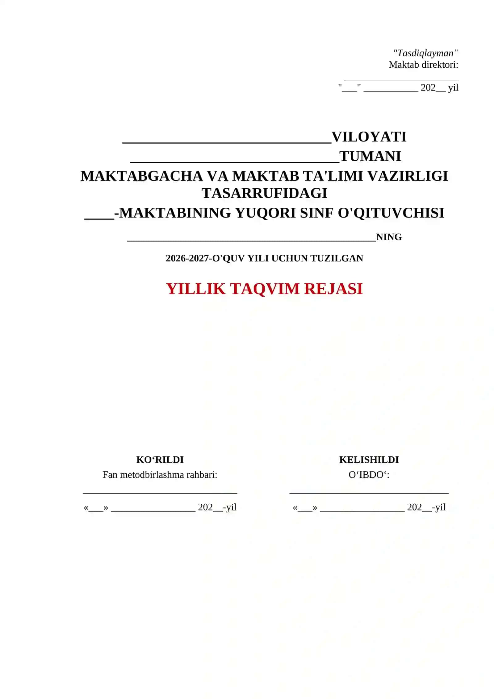 Taqvim ish reja yuzi 2026-2027 2