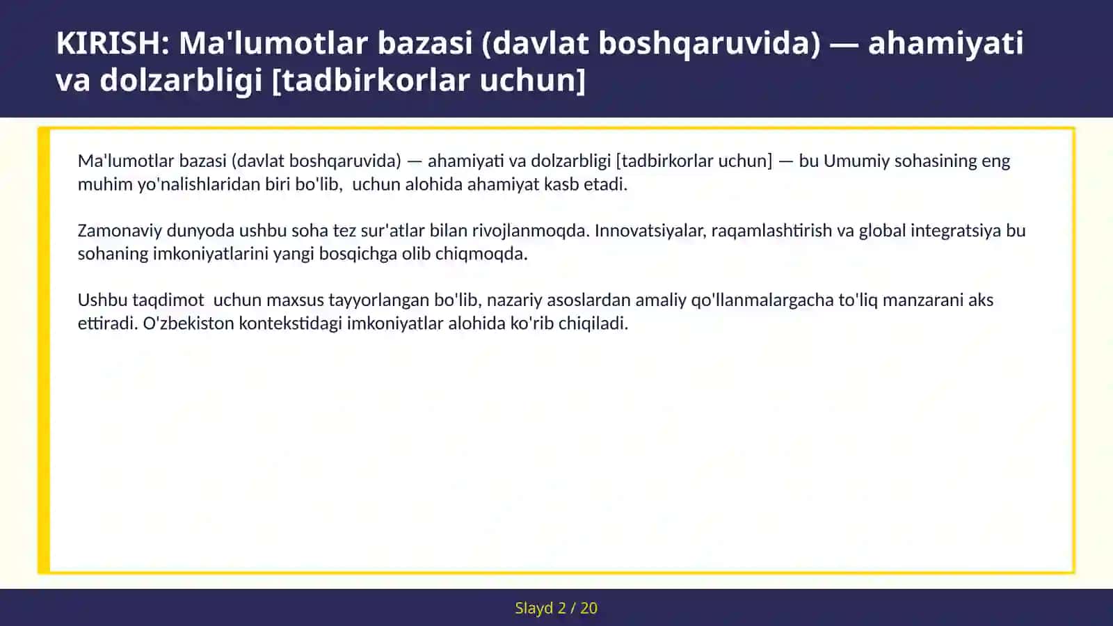 Ma'lumotlar bazasi (davlat boshqaruvida) — ahamiyati va dolzarbligi [tadbirkorlar uchun] 2