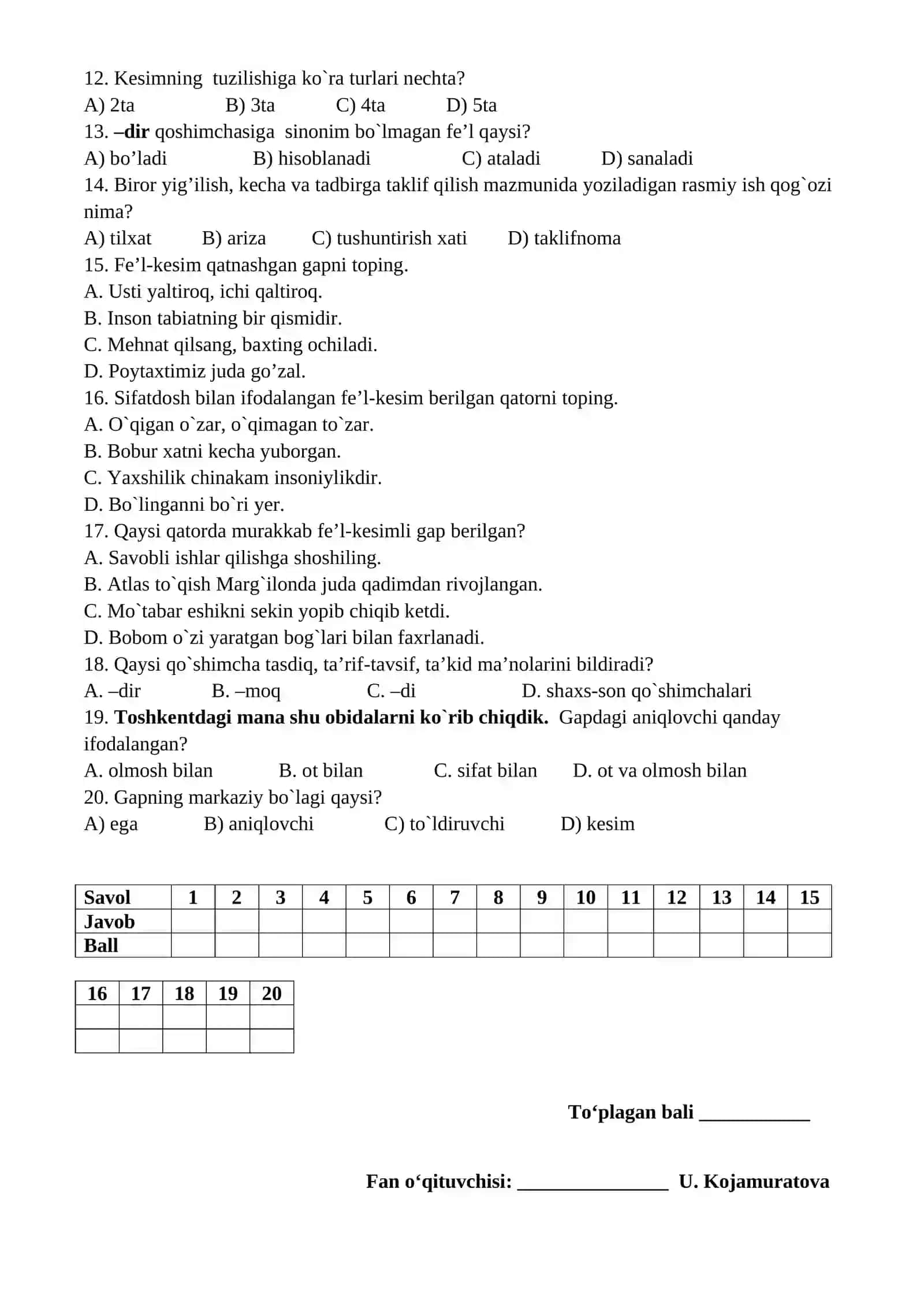 9-sinf O‘zbek tili fanidan ChSB-1 2
