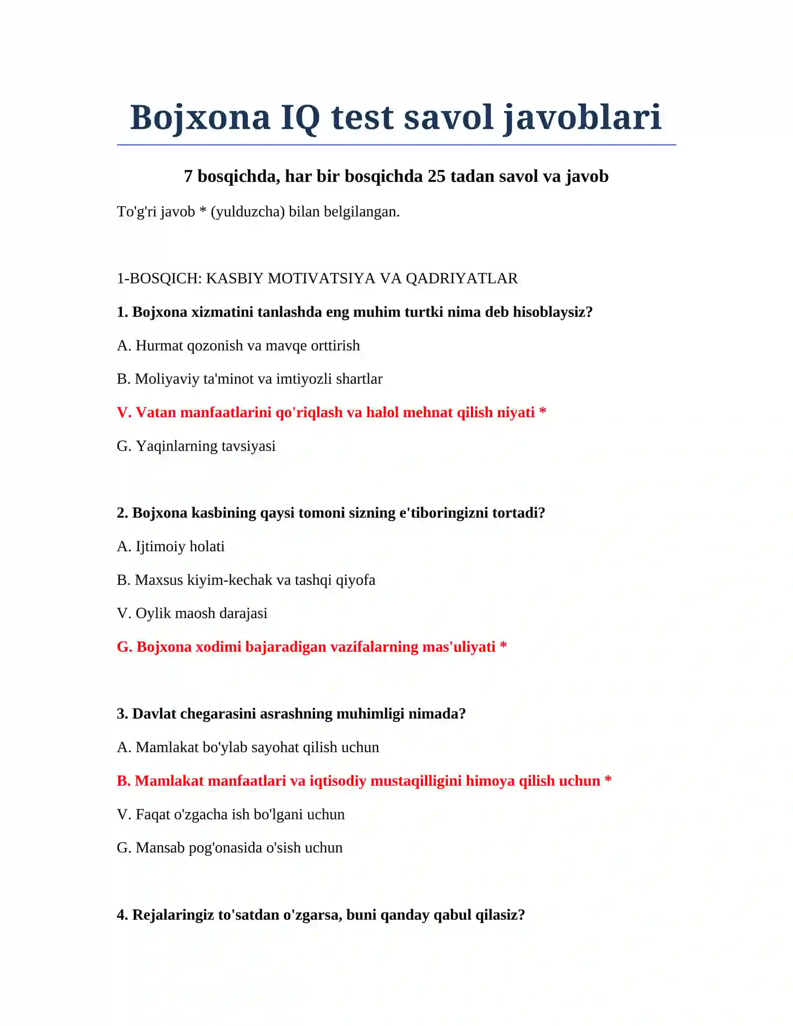 Bojxona IQ test savol javoblari 2