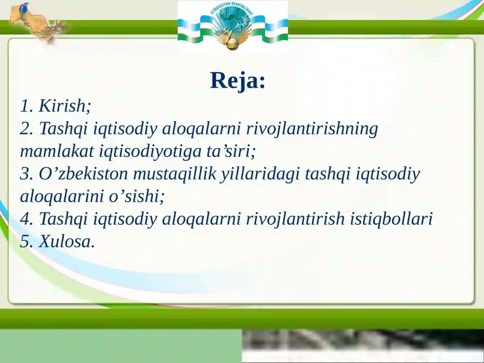 O’zbekistonda tashqi iqtisodiy aloqalarining ustuvor yo’nalishlari 2