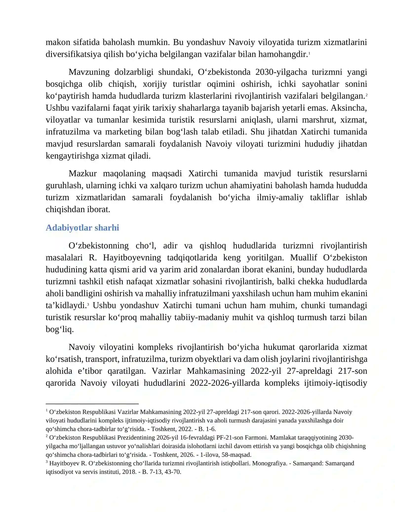 NAVOIY VILOYATI XATIRCHI TUMANIDA MAVJUD TURISTIK RESURSLARDAN ICHKI VA XALQARO TURIZMDA FOYDALANISH IMKONIYATLARI 2