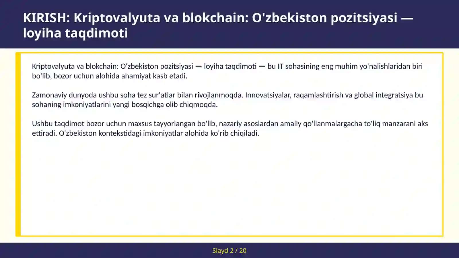 Kriptovalyuta va blokchain: O'zbekiston pozitsiyasi — loyiha taqdimoti 2