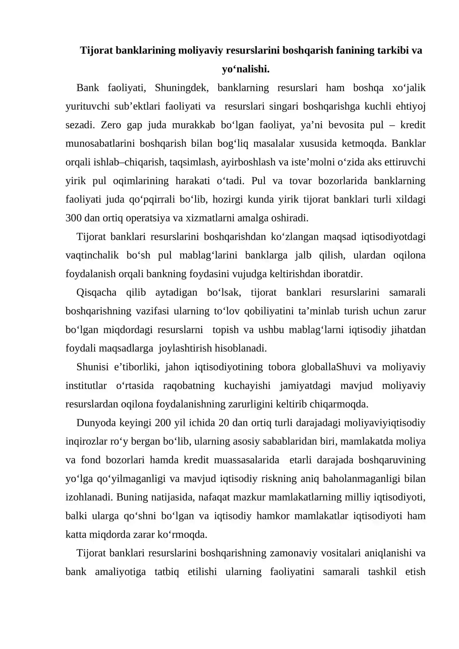 Tijorat banklari resurslarini boshqarish fanining predmeti metodi va vazifalari 2