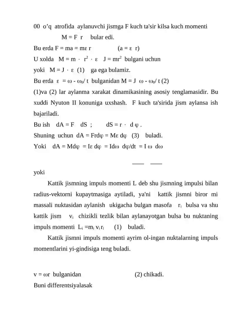 Mexanikada saqlanish qonunlari. Qattiq jismning aylanma harakat dinamikasi. 2