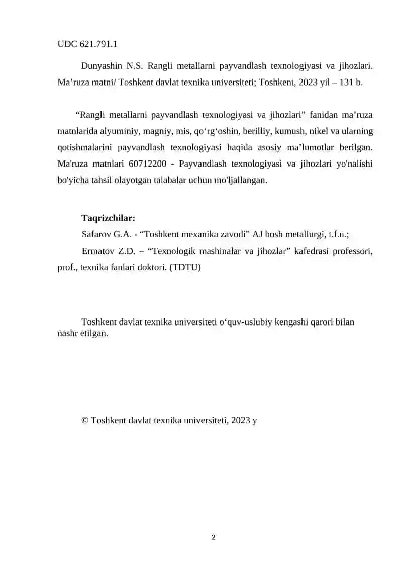 Rangli metallarni payvandlash texnologiyasi va jihozlari 2