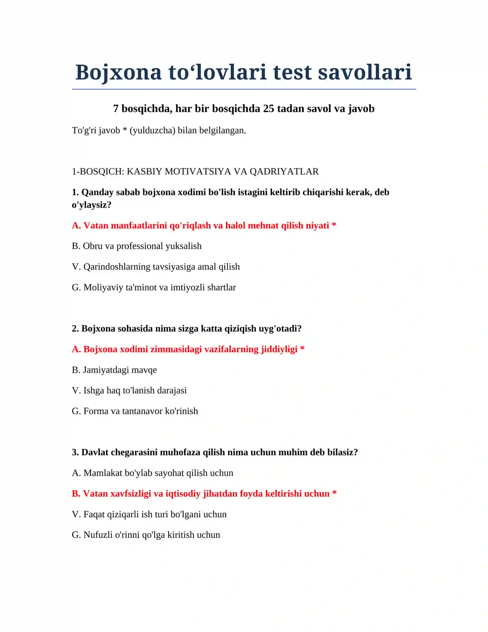 Bojxona to‘lovlari test savollari 2