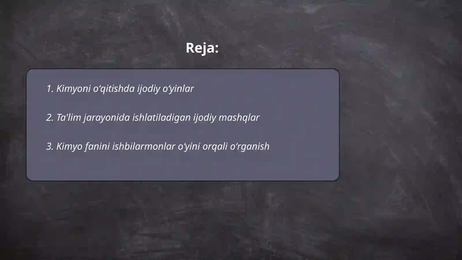 Kimyoni oʻqitishda ijodiy oyin ishbilarmonlar oʻyini va oʻyin mashiqlardan foydalanish 2