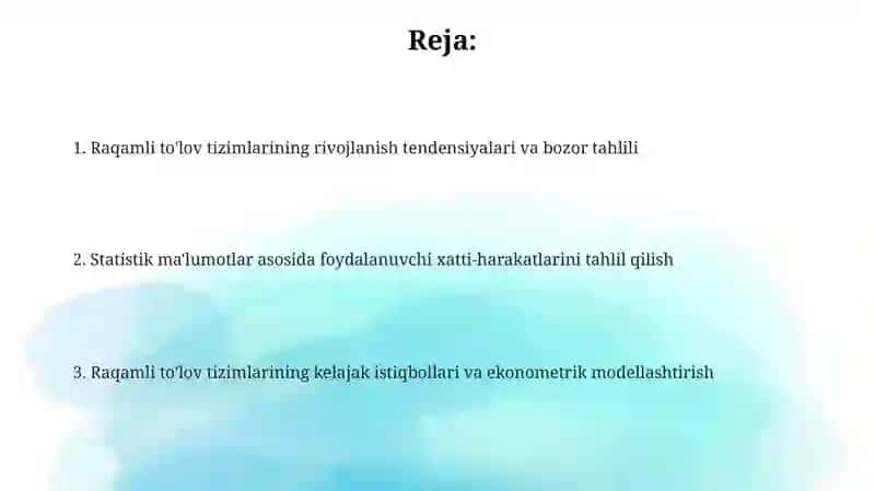 Raqamli to'lov tizimlari (Payme, Click, Uzum Pay) rivojlanishining statistik tahlili 2