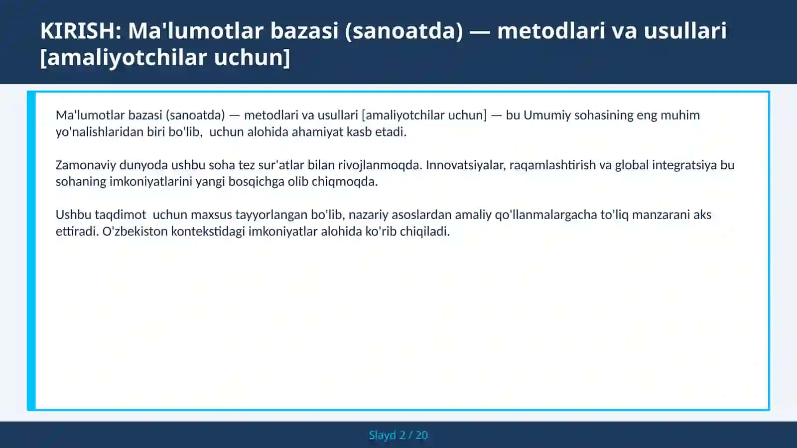 Ma'lumotlar bazasi (sanoatda) — metodlari va usullari [amaliyotchilar uchun] 2