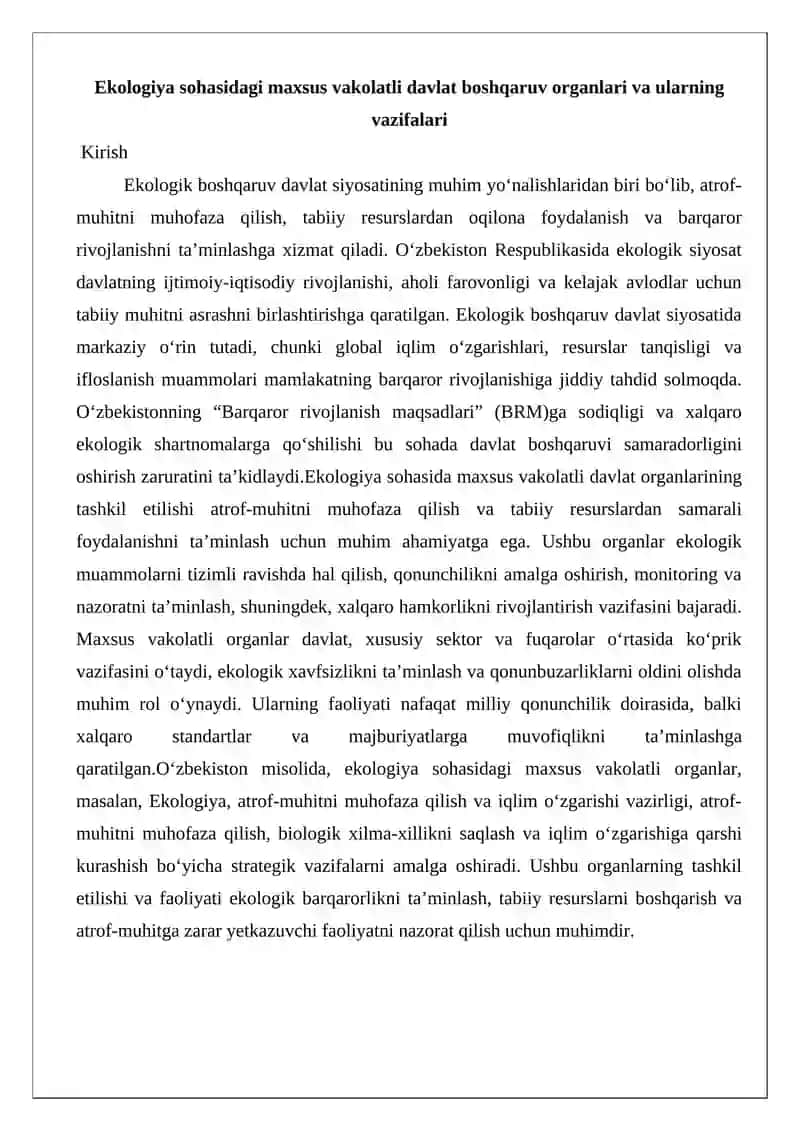 Ekologiya soxasida maxsus vakolatli davlat boshqaruv organlari va ularning vazifalari 2