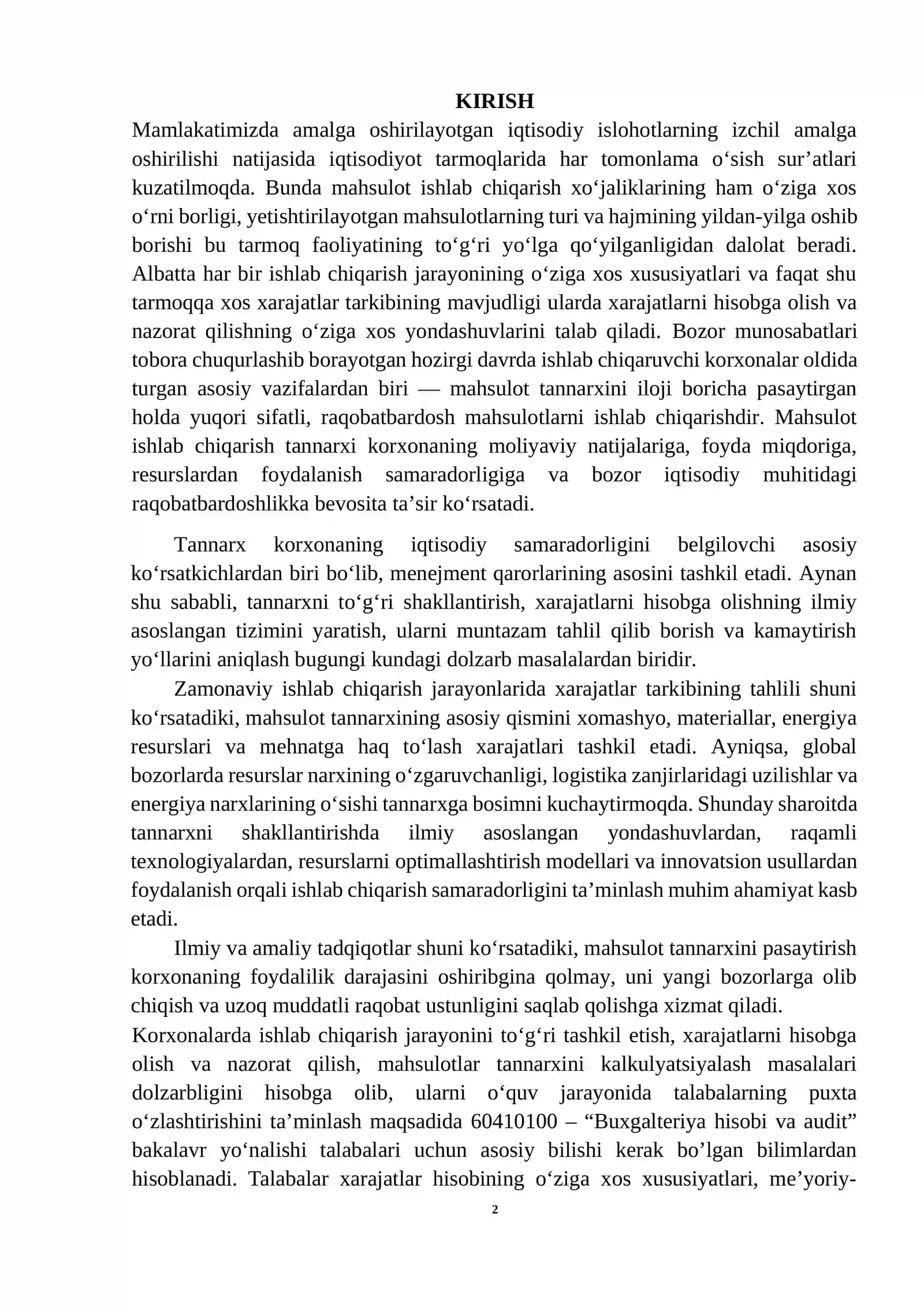 MAHSULOT TANNARXINI ANIQLASHDA MODDIY XARAJATLAR HISOBI mavzusi bo'yicha kurs ishi 2