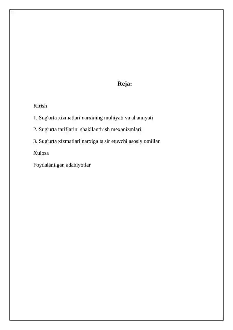 Sug'urta Xizmatlarining Narxi, Shakllanishi va Tasiri 2