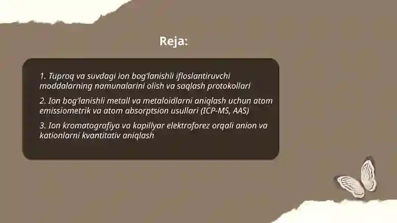 Tuproq va suvdagi ion bog‘lanishli ifloslantiruvchi moddalarni aniqlash va ekologik xavfsiz tozalash usullari 2