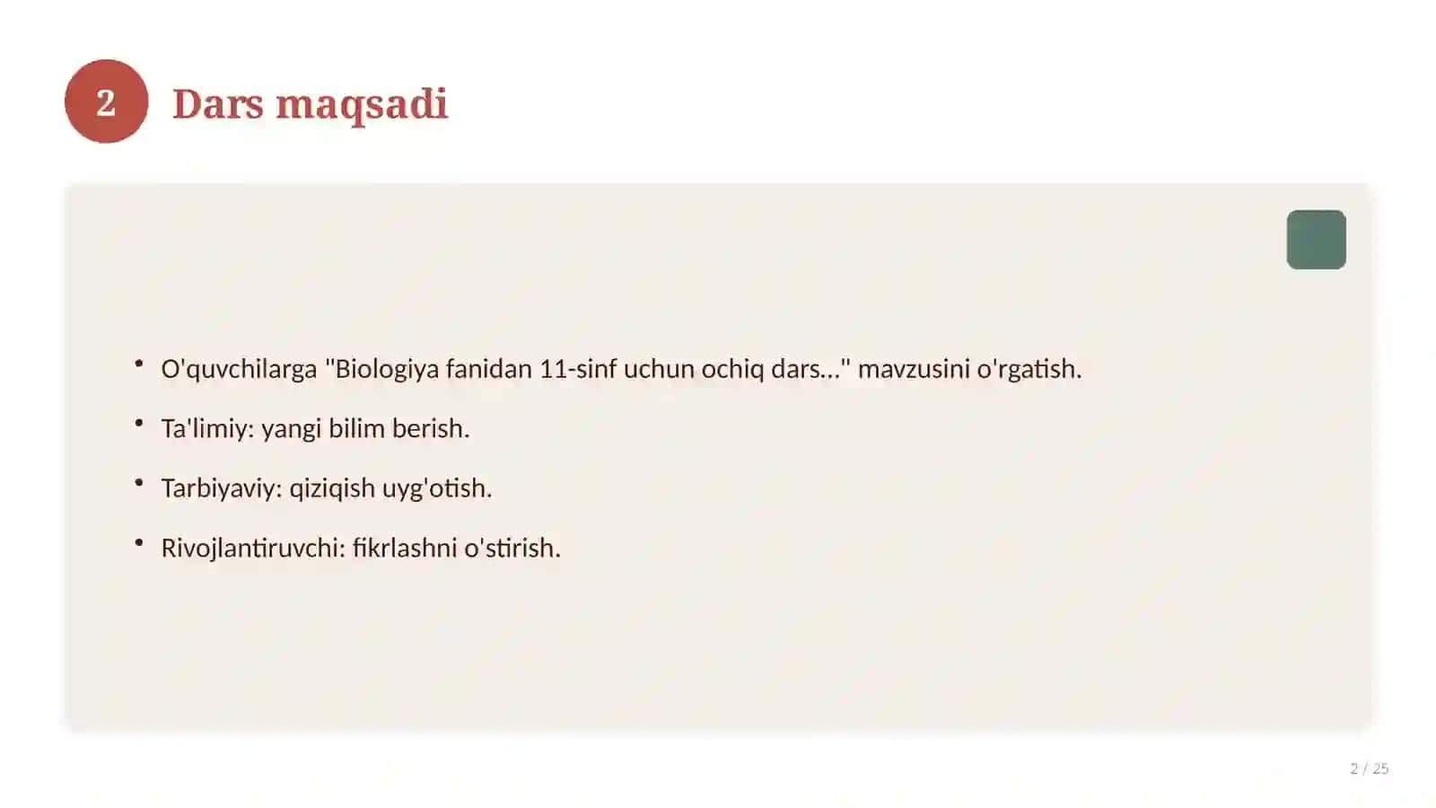 Biologiya fanidan 11-sinf uchun ochiq dars ishlanmasi 2