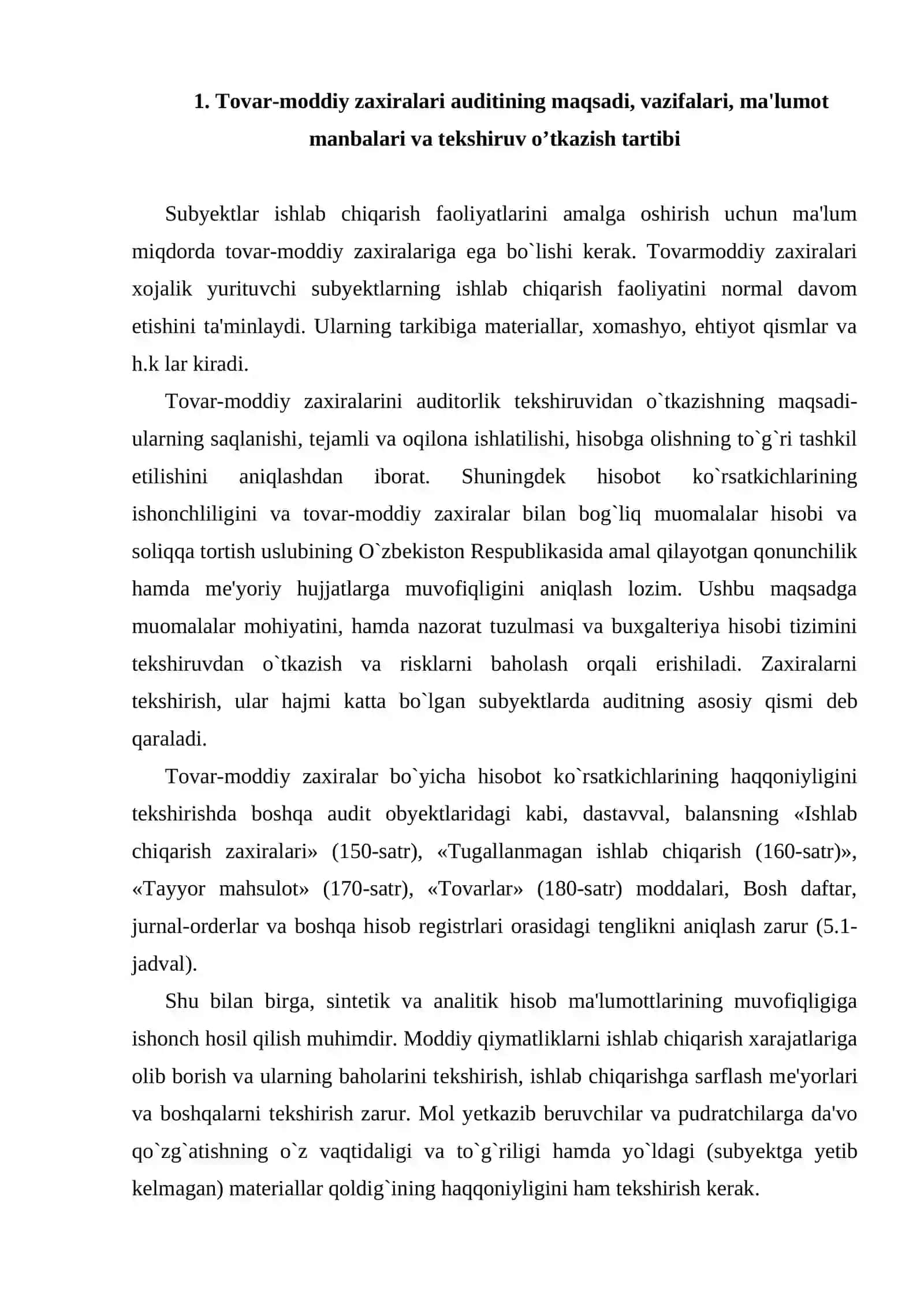 Tovar-moddiy zaxiralari auditining maqsadi, vazifalari, ma'lumot manbalari va tekshiruv o’tkazish tartibi 2