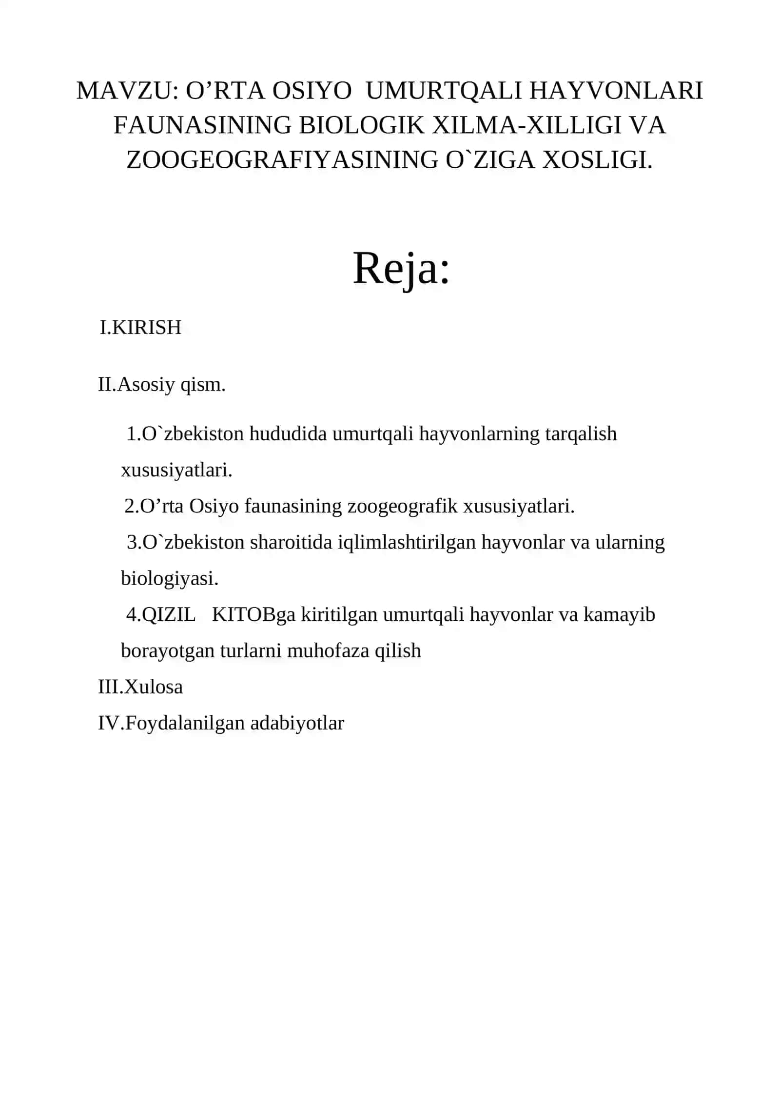 O’RTA OSIYO UMURTQALI HAYVONLARI FAUNASINING BIOLOGIK XILMA-XILLIGI VA ZOOGEOGRAFIYASINING O`ZIGA XOSLIGI 2